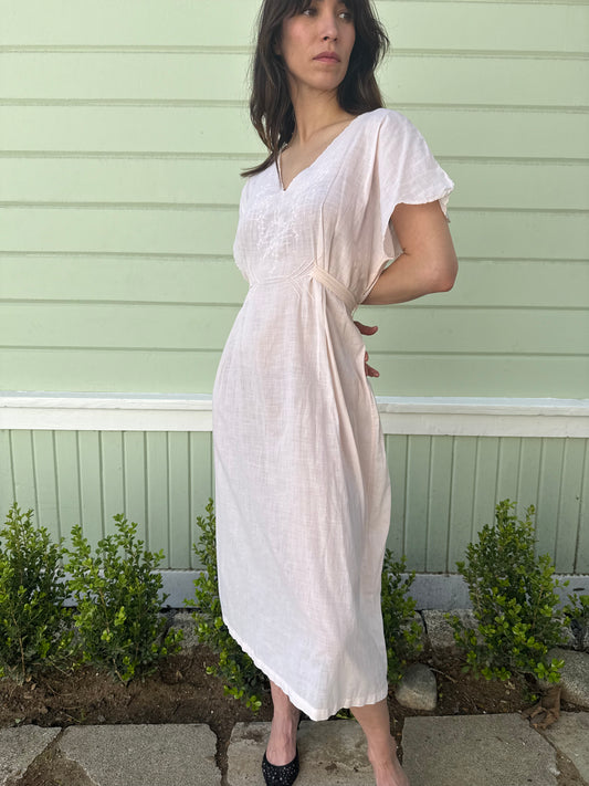 1940s Pale Pink Embroidered Cotton Gauze Dress