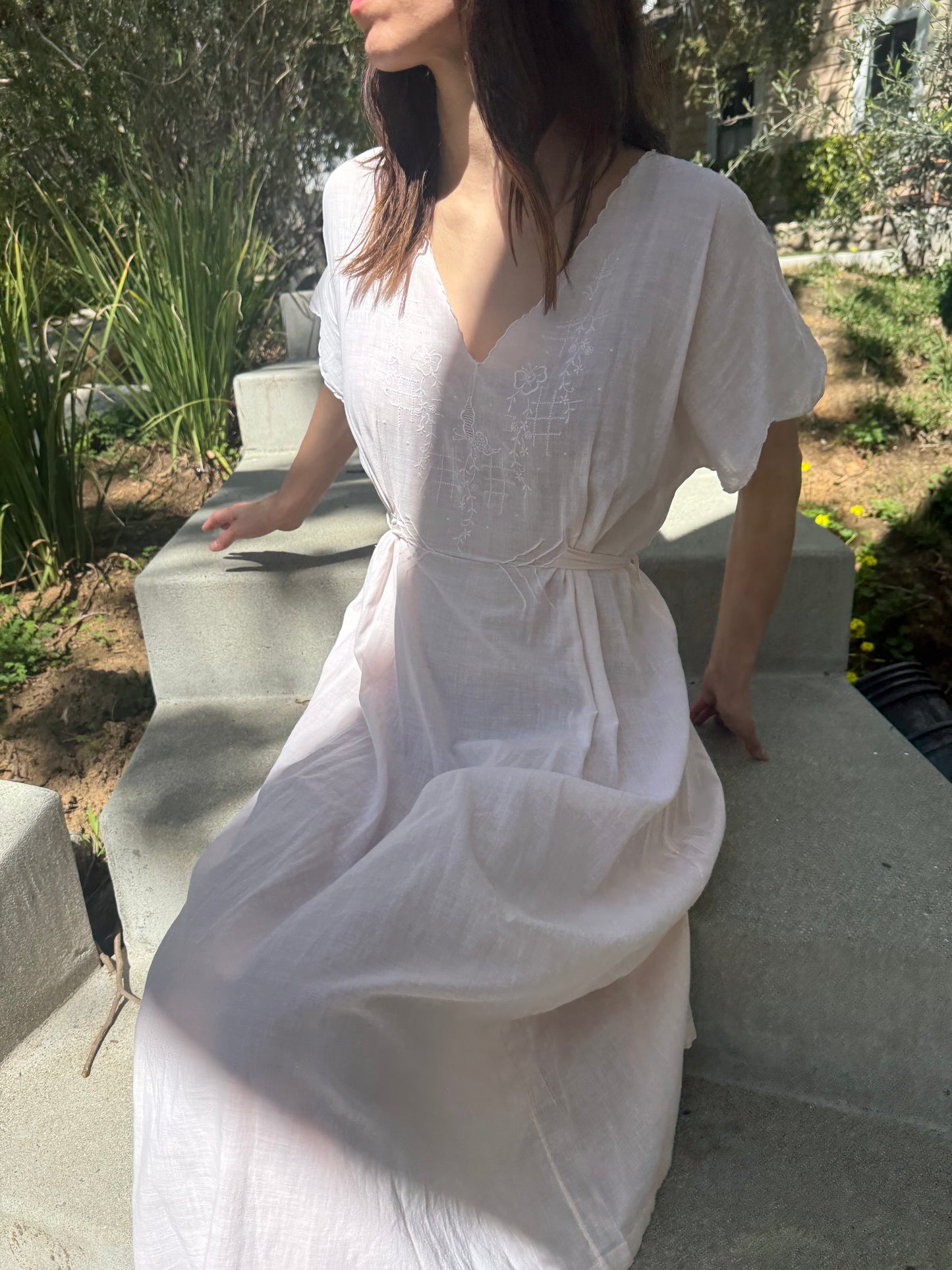 1940s Pale Pink Embroidered Cotton Gauze Dress