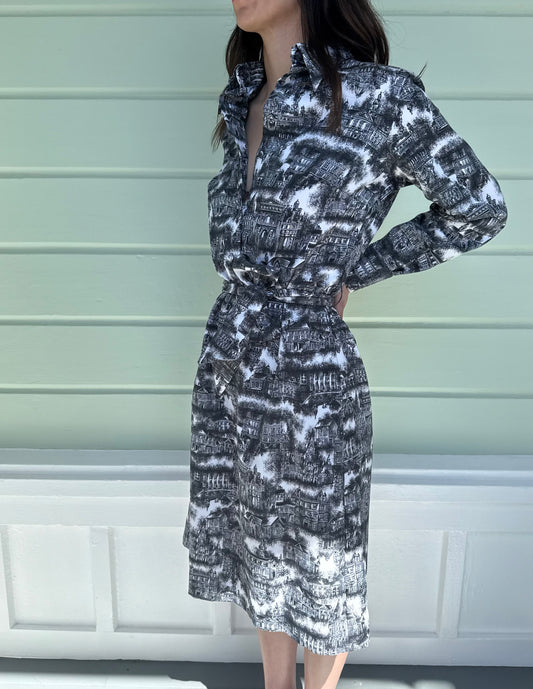 1970s Lanvin Paris Print Black and White Button Front Shirt Dress