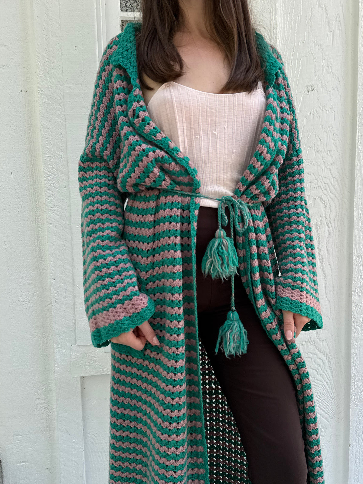1970s Hand Crocheted Maxi Cardigan Sweater