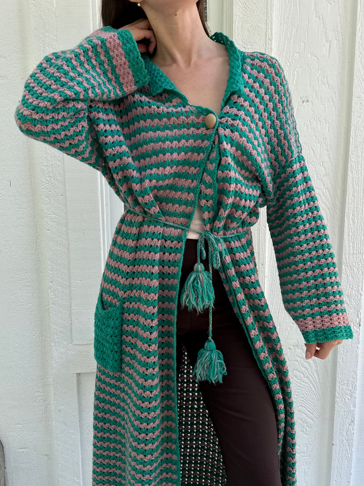 1970s Hand Crocheted Maxi Cardigan Sweater