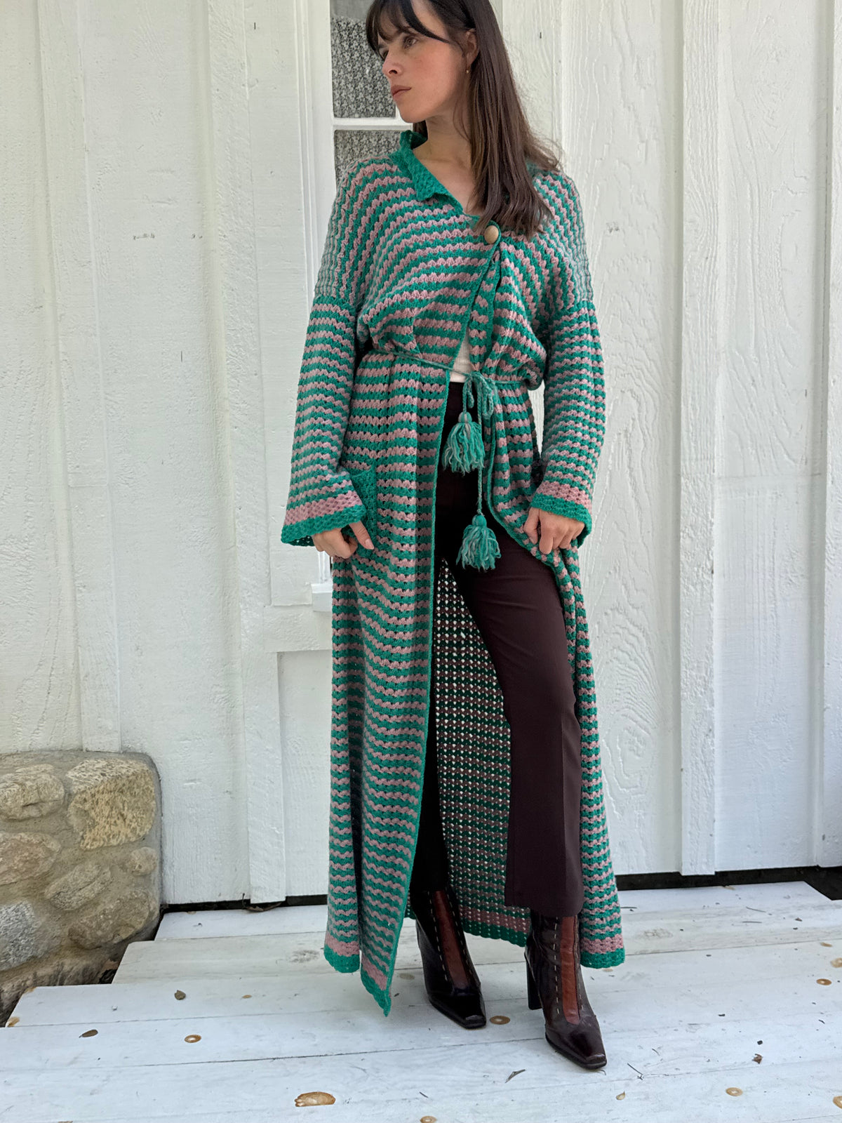1970s Hand Crocheted Maxi Cardigan Sweater