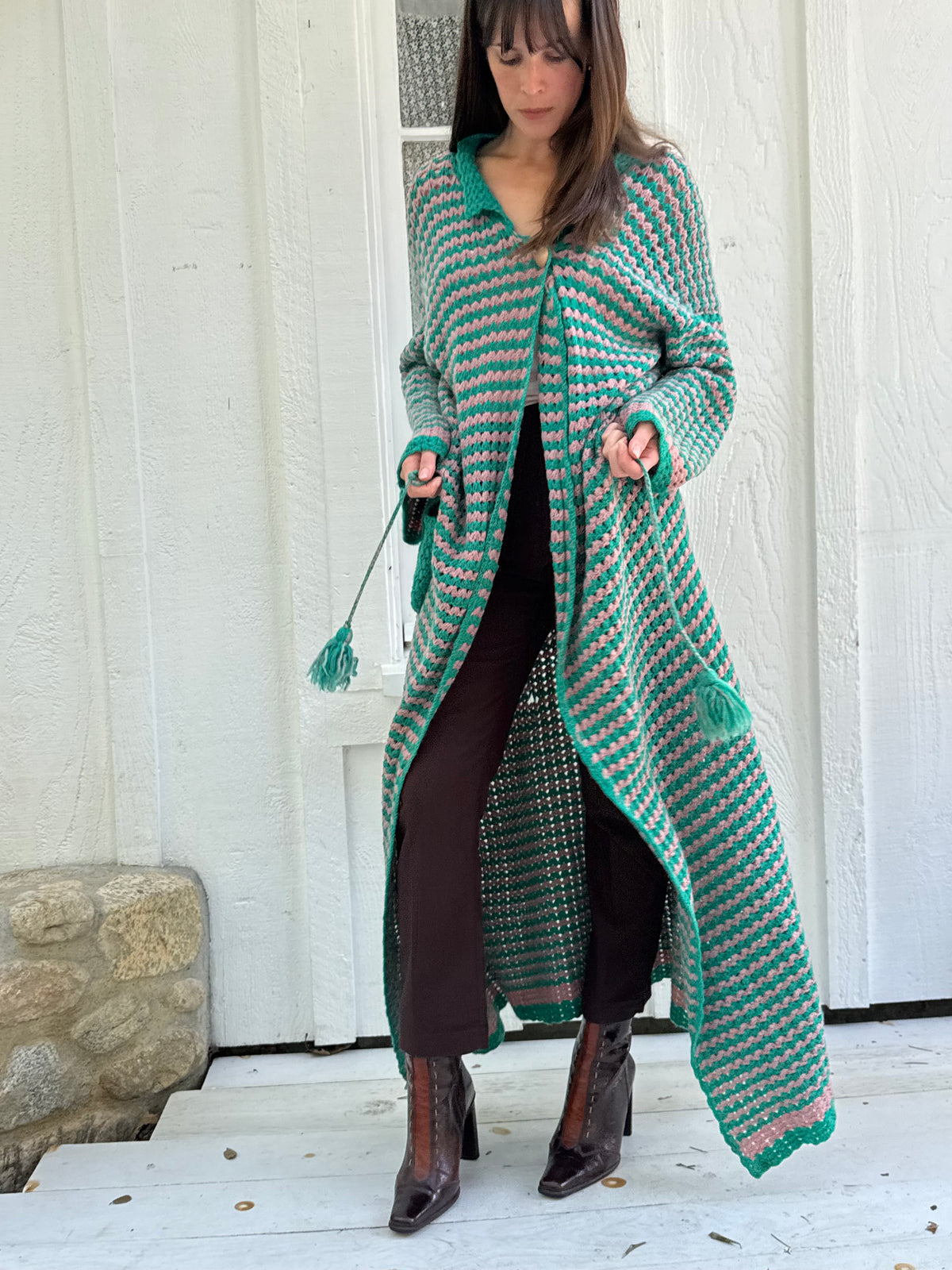 1970s Hand Crocheted Maxi Cardigan Sweater