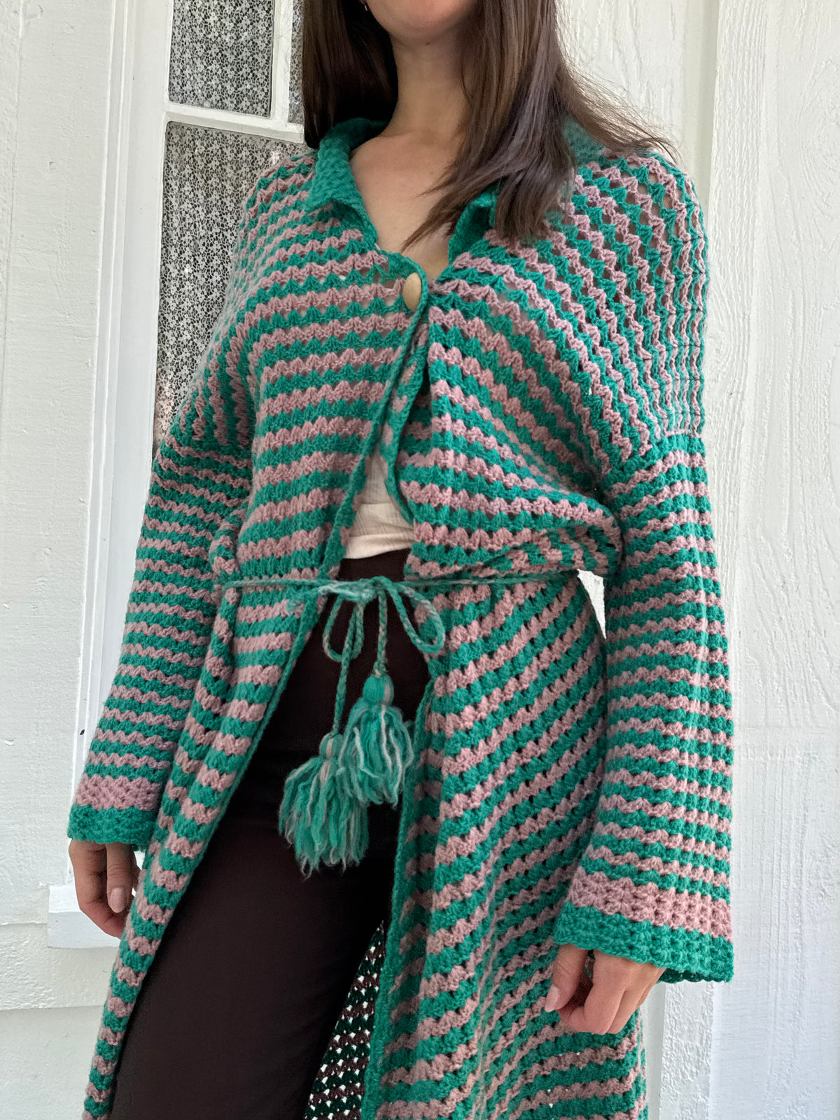 1970s Hand Crocheted Maxi Cardigan Sweater
