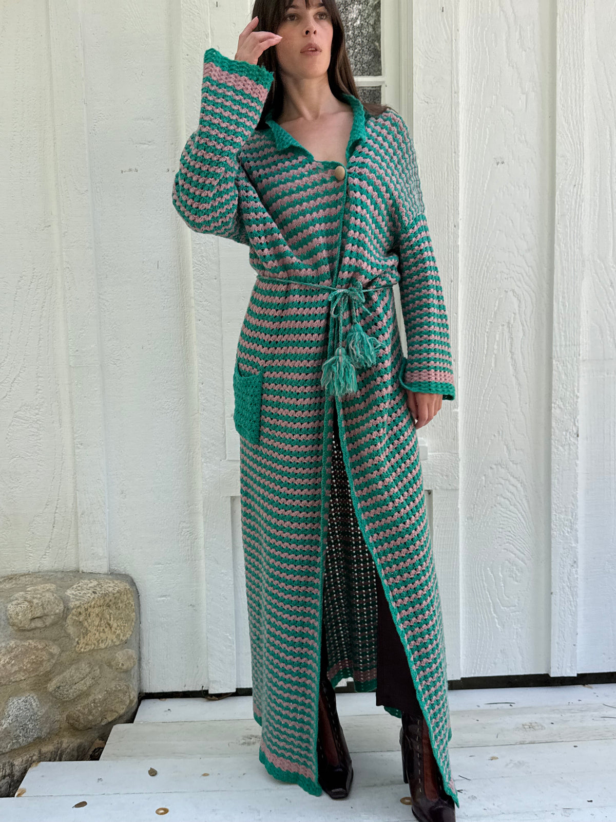 1970s Hand Crocheted Maxi Cardigan Sweater
