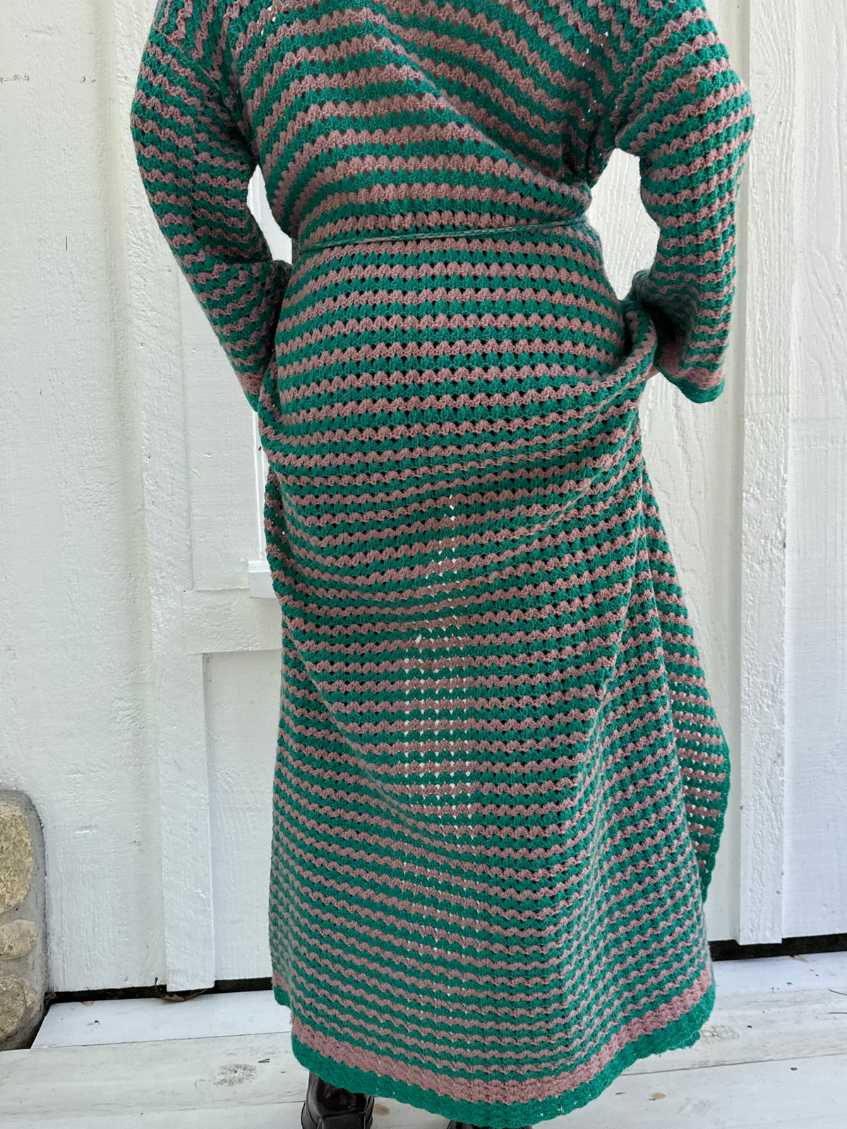 1970s Hand Crocheted Maxi Cardigan Sweater