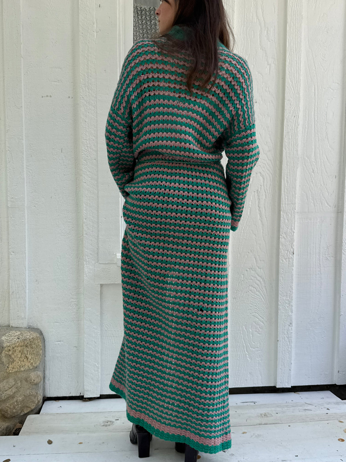 1970s Hand Crocheted Maxi Cardigan Sweater