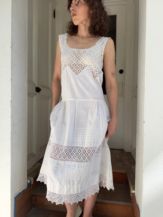 Edwardian Cotton Inlet Crochet Drop waist Slip Dress