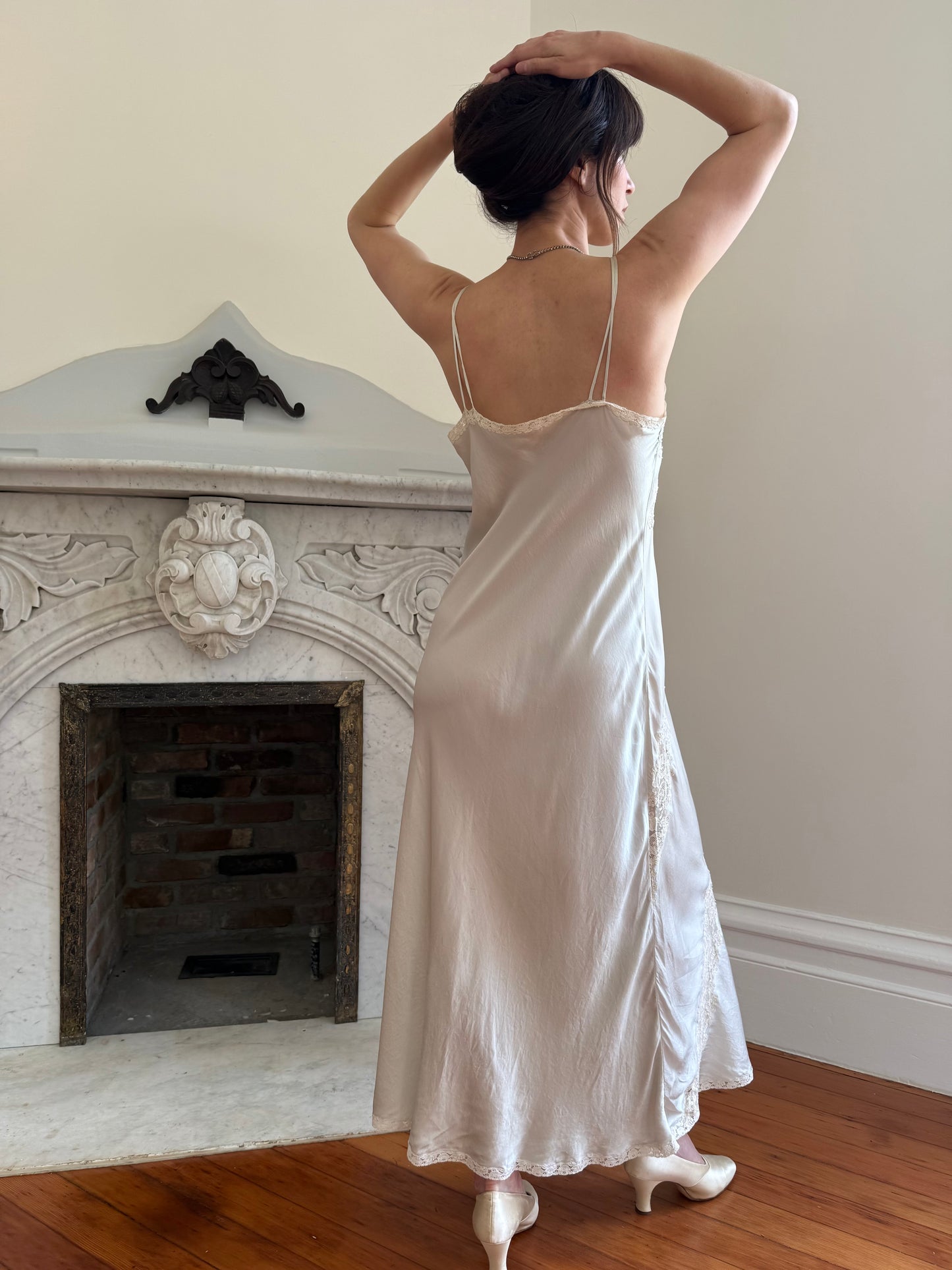 1940s Seafoam Silk Lace Inset Bias Cut Slip Dress and Robe Set
