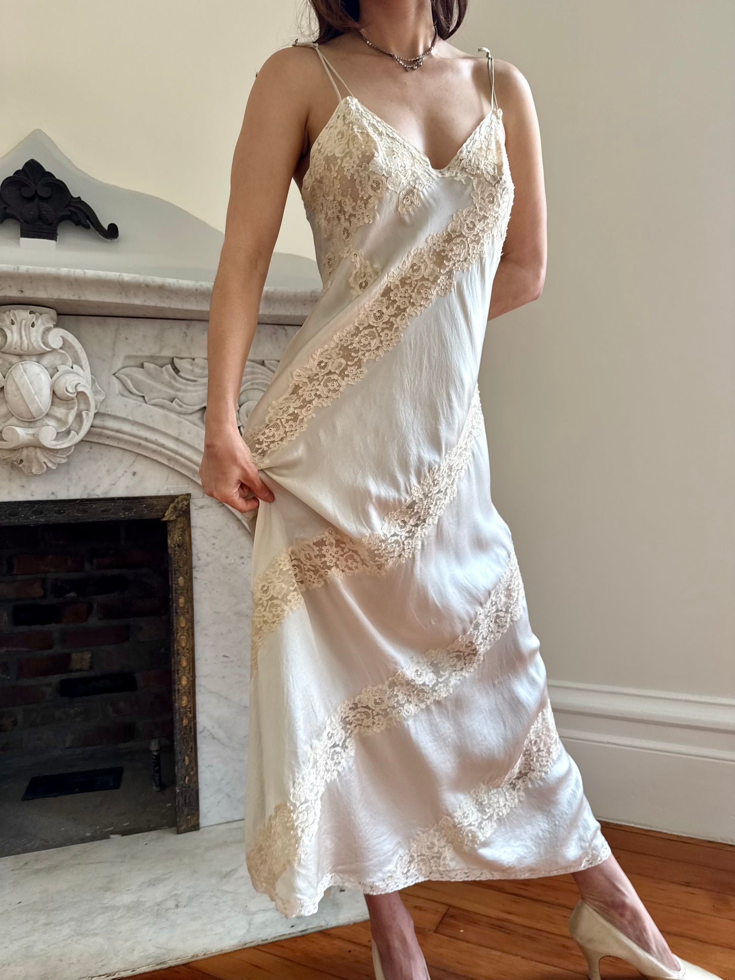 1940s Seafoam Silk Lace Inset Bias Cut Slip Dress and Robe Set