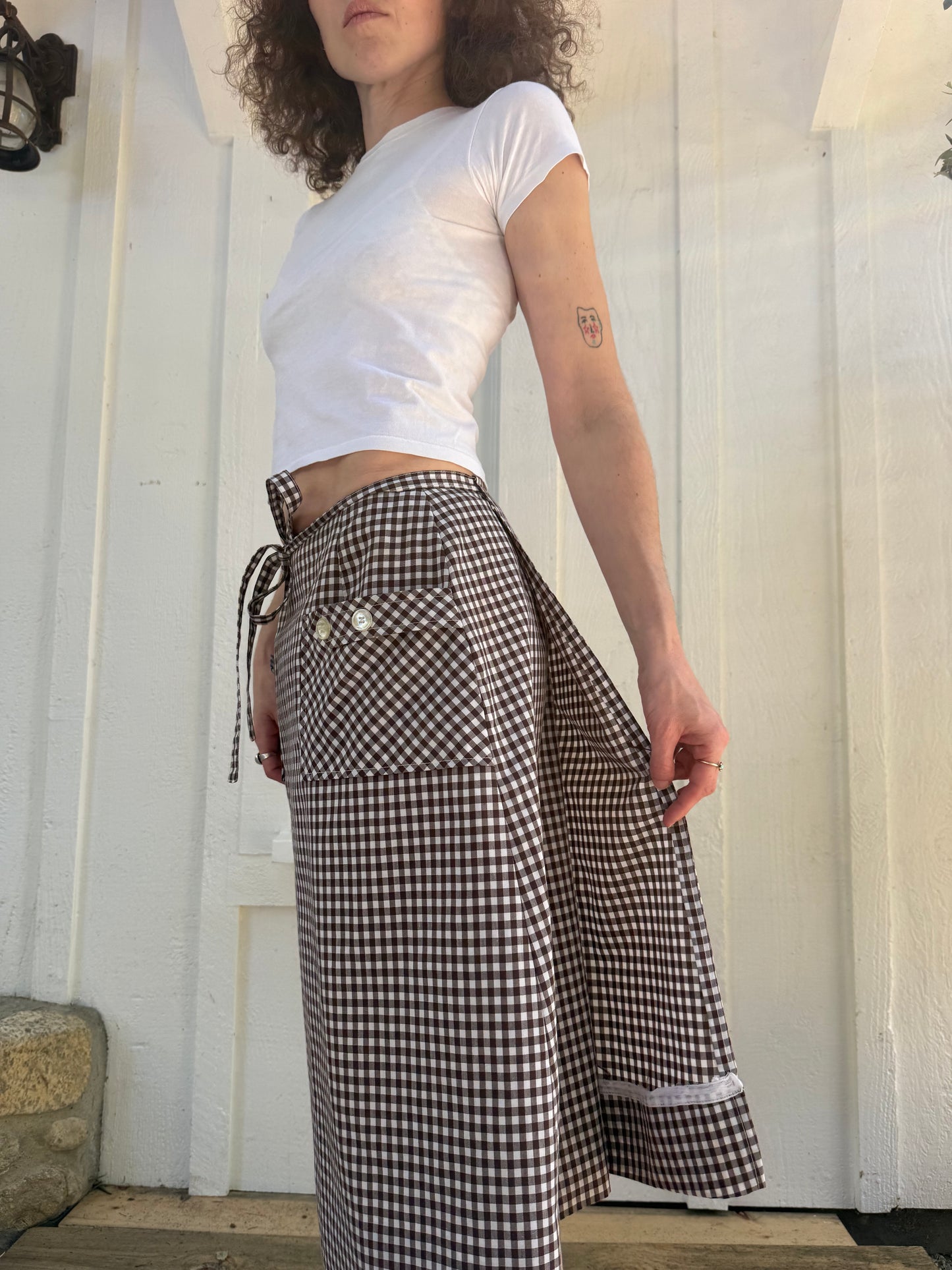 1970s Brown Gingham Midi Wrap Skirt