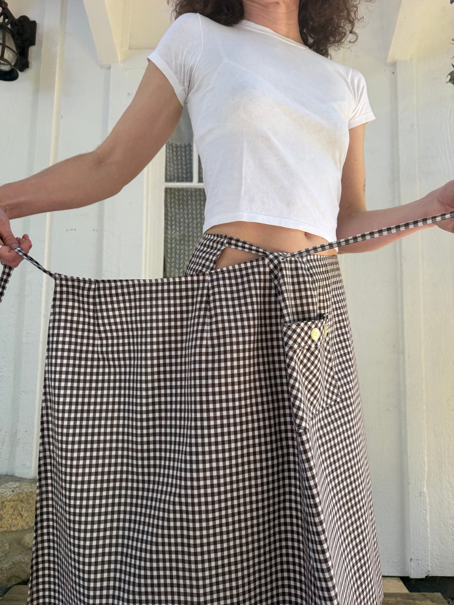 1970s Brown Gingham Midi Wrap Skirt