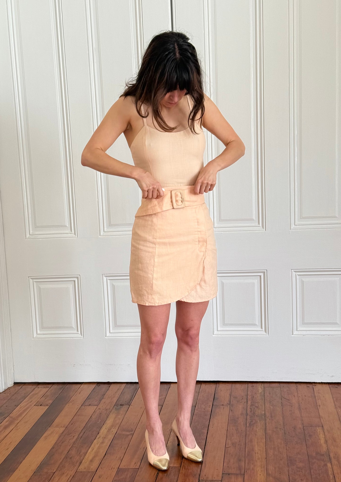 1980s Karl Lagerfeld Pink Linen Tank and Mini Skirt Set Made in France