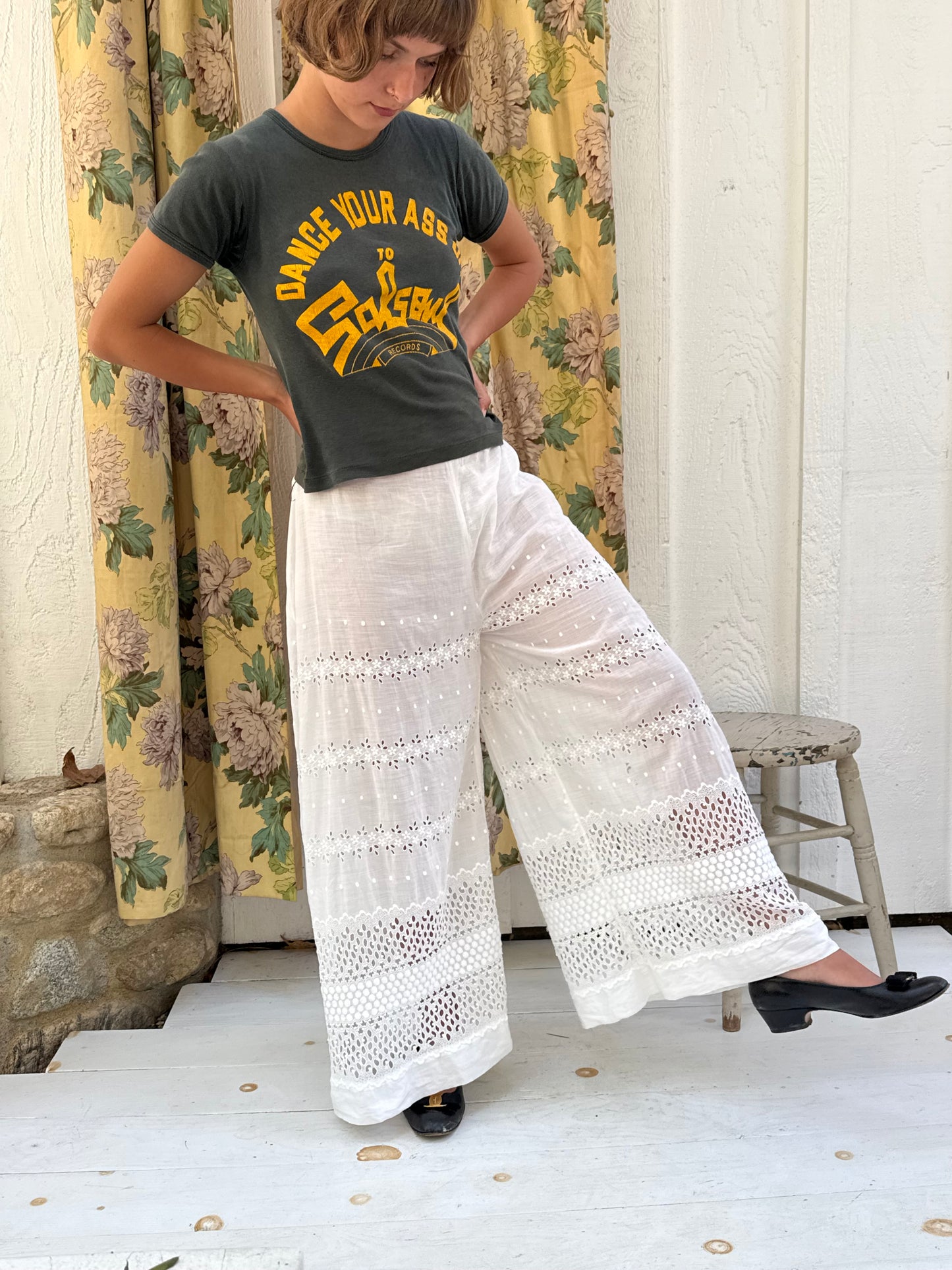 Antique Sheer Eyelet Cotton Reworked Pants