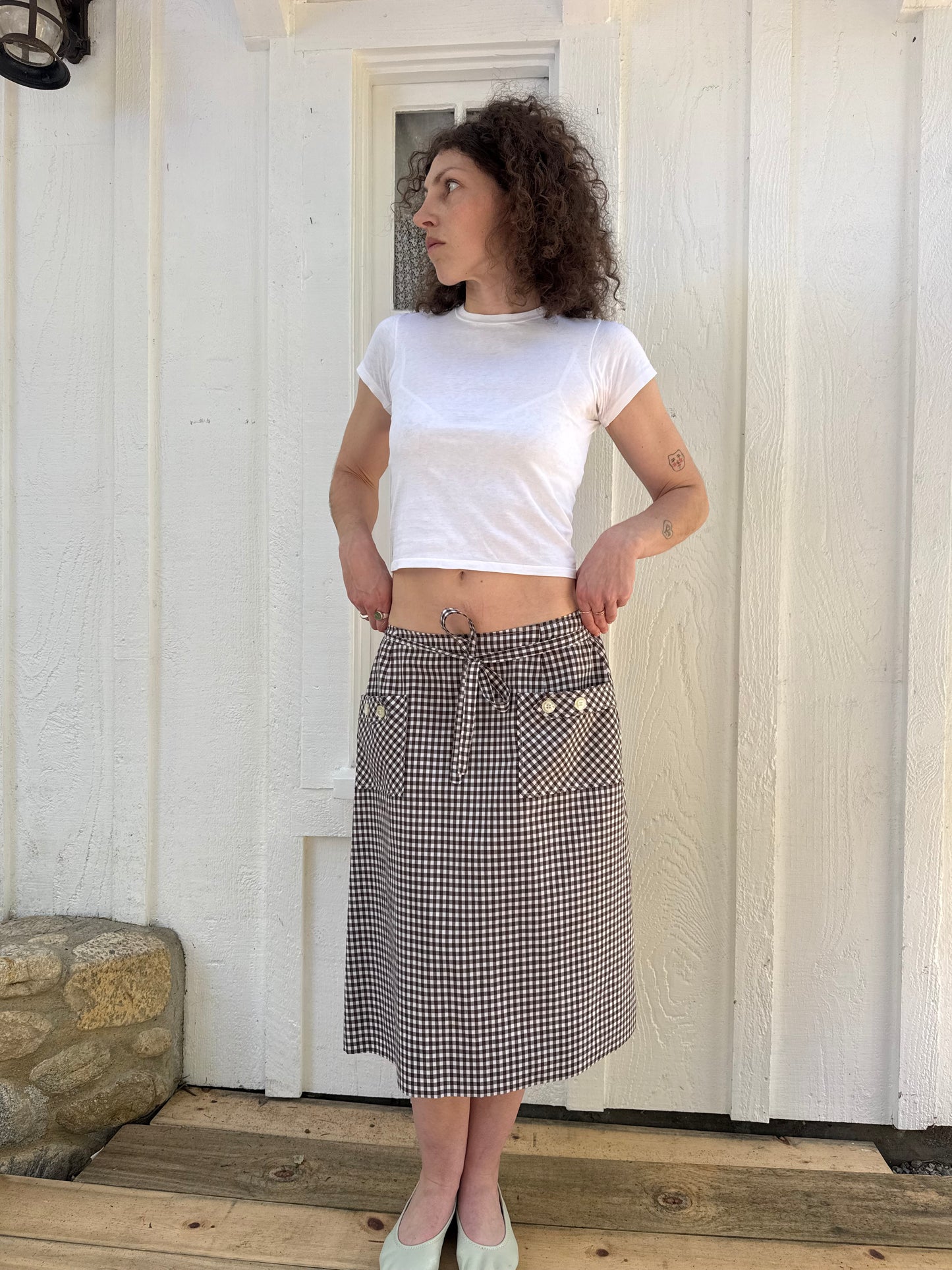 1970s Brown Gingham Midi Wrap Skirt