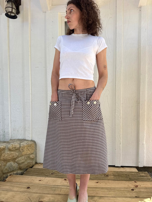 1970s Brown Gingham Midi Wrap Skirt