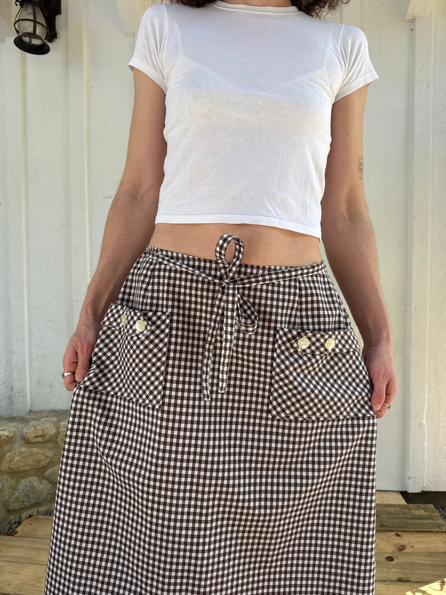 1970s Brown Gingham Midi Wrap Skirt