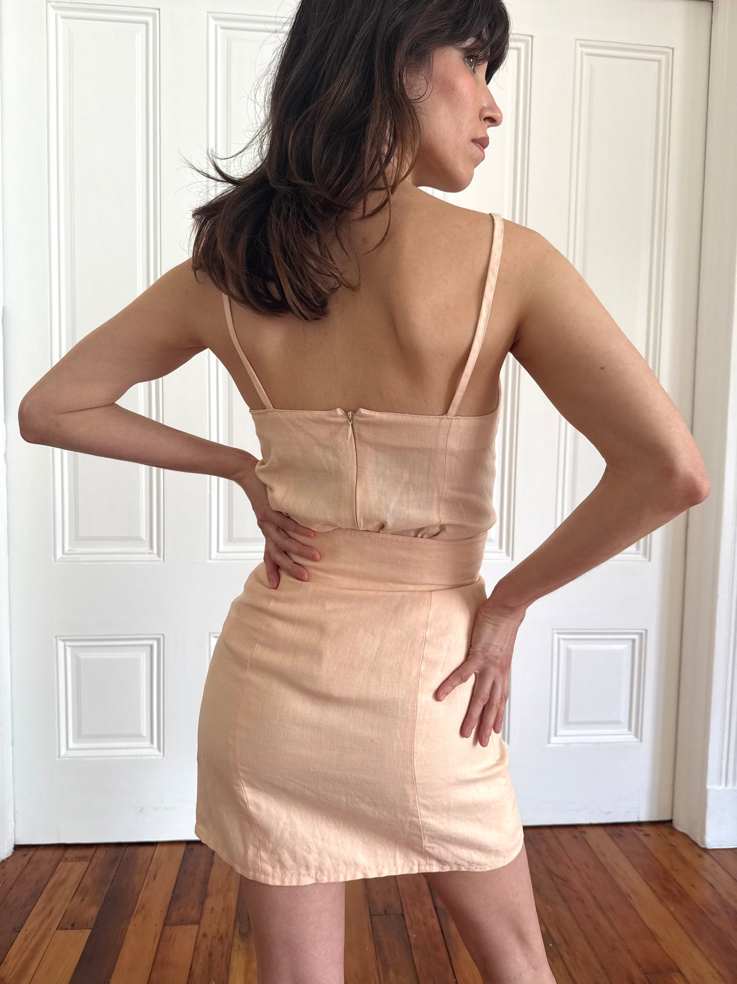 1980s Karl Lagerfeld Pink Linen Tank and Mini Skirt Set Made in France