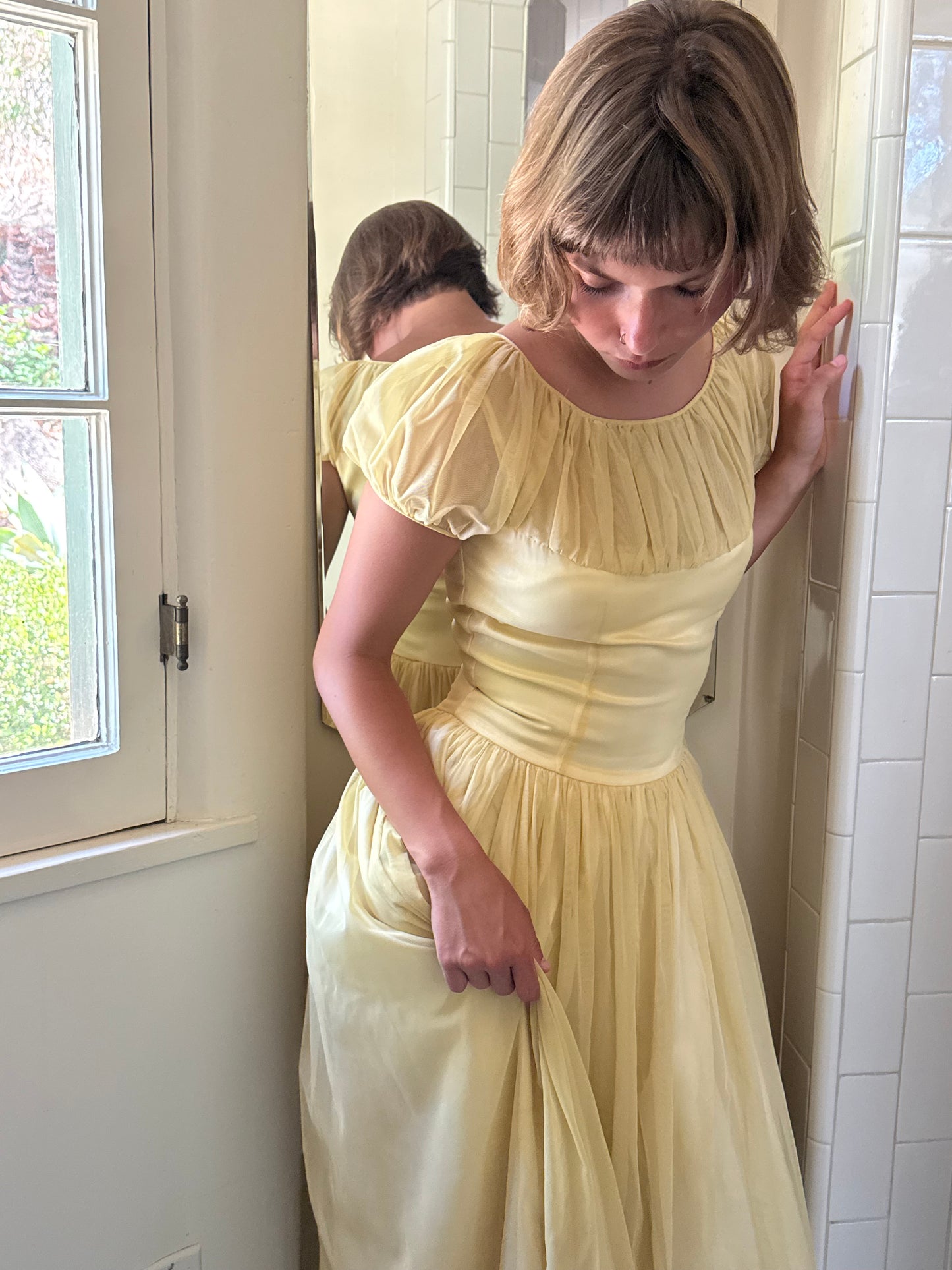 1940s Yellow Puff Sleeve Gathered Gown