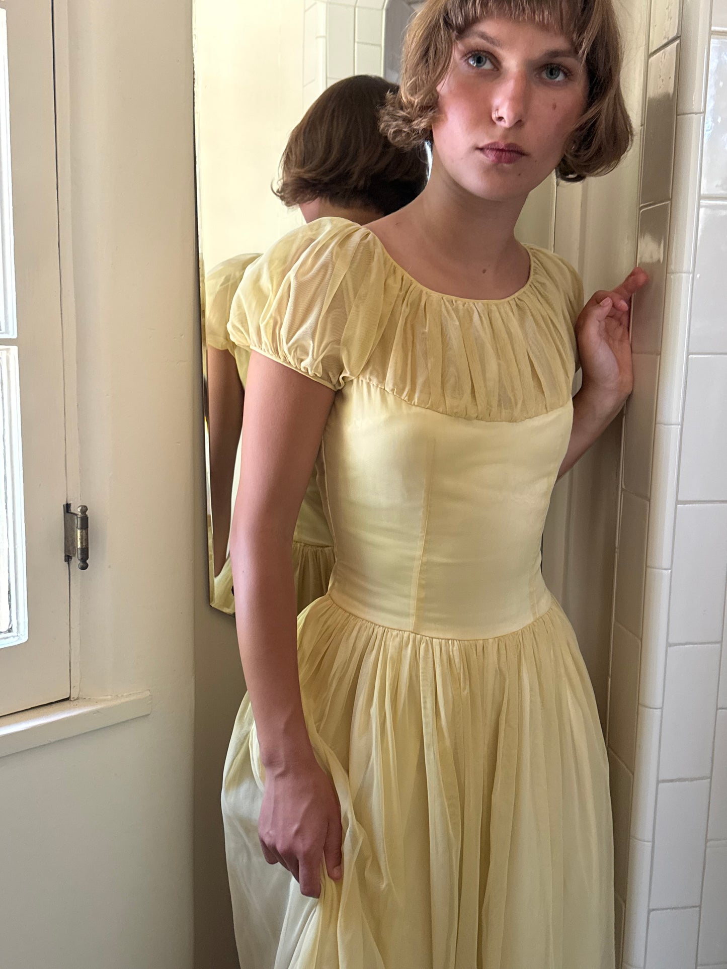 1940s Yellow Puff Sleeve Gathered Gown