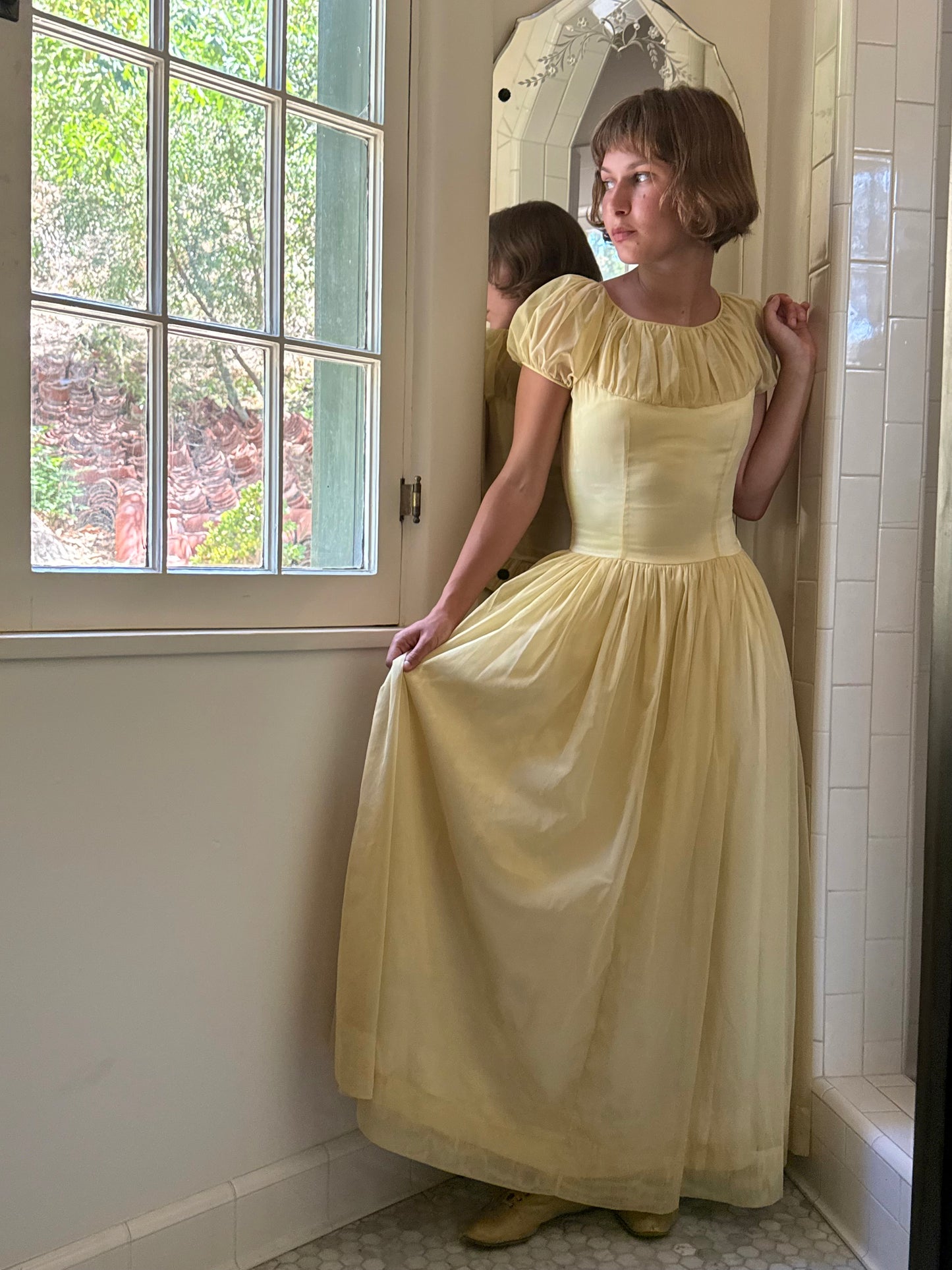 1940s Yellow Puff Sleeve Gathered Gown