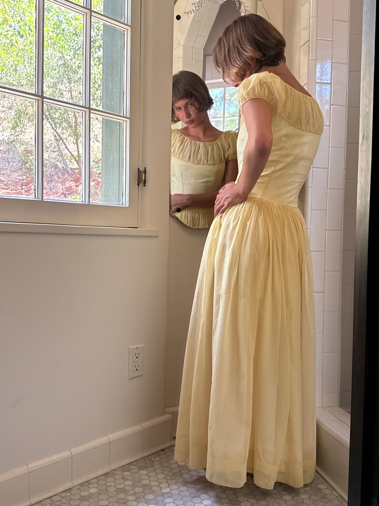 1940s Yellow Puff Sleeve Gathered Gown