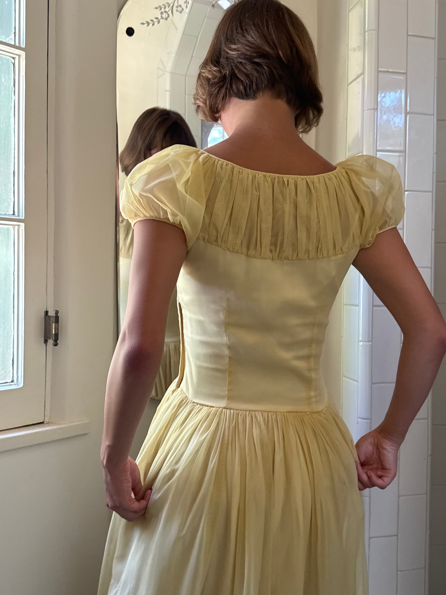 1940s Yellow Puff Sleeve Gathered Gown