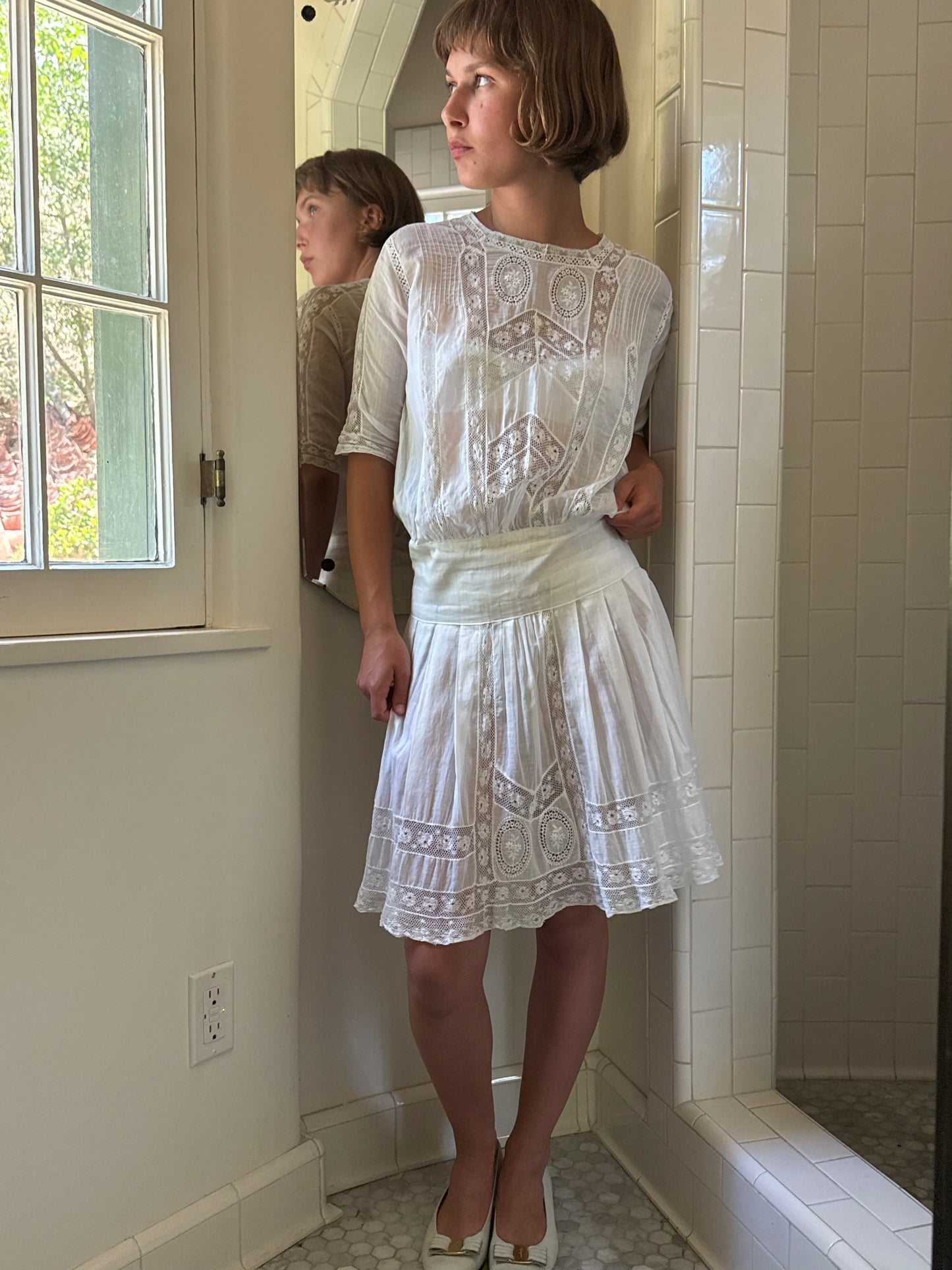Edwardian Cotton Lace Inlay Drop Waist Mini Dress