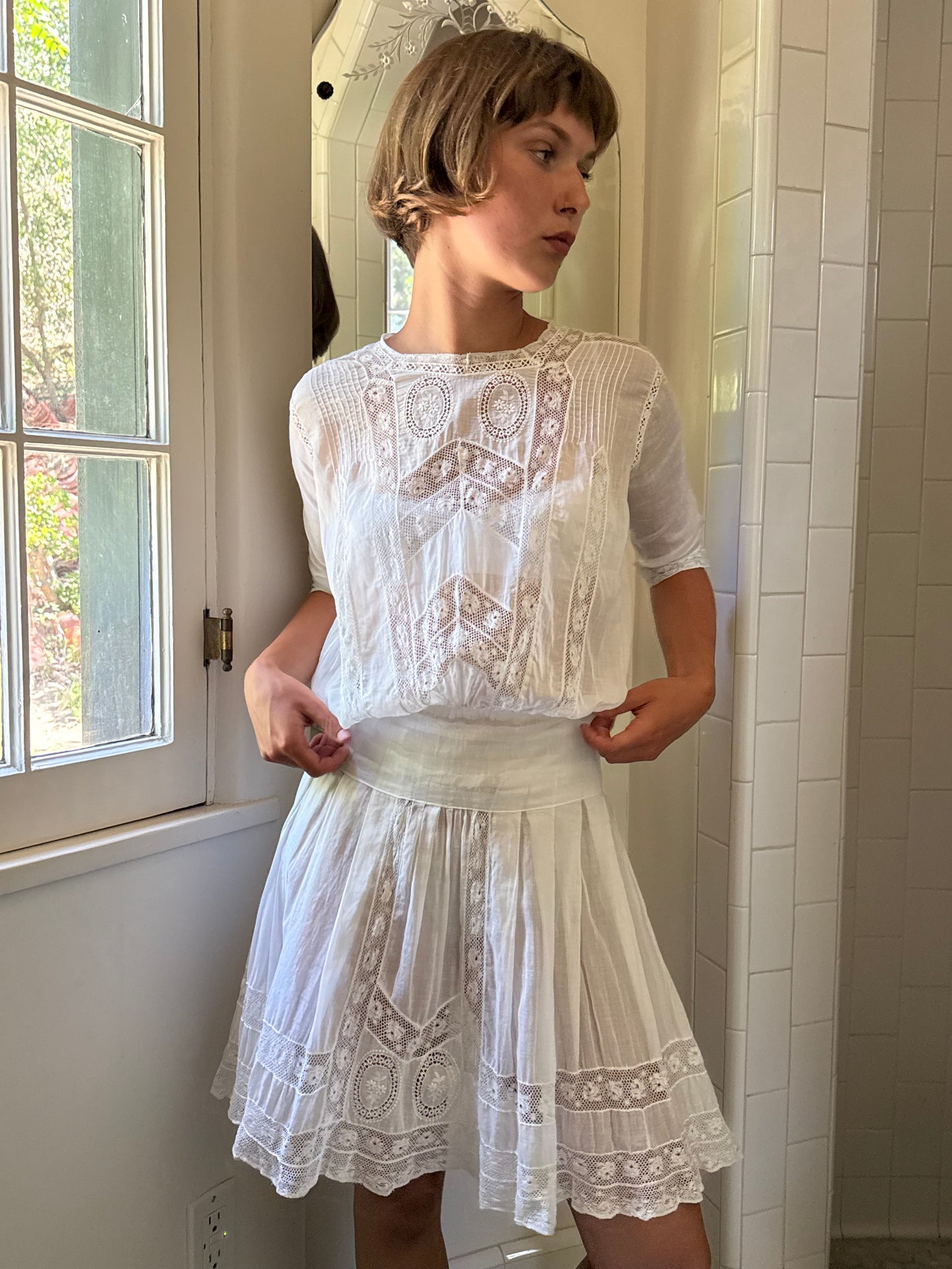 Edwardian Cotton Lace Inlay Drop Waist Mini Dress