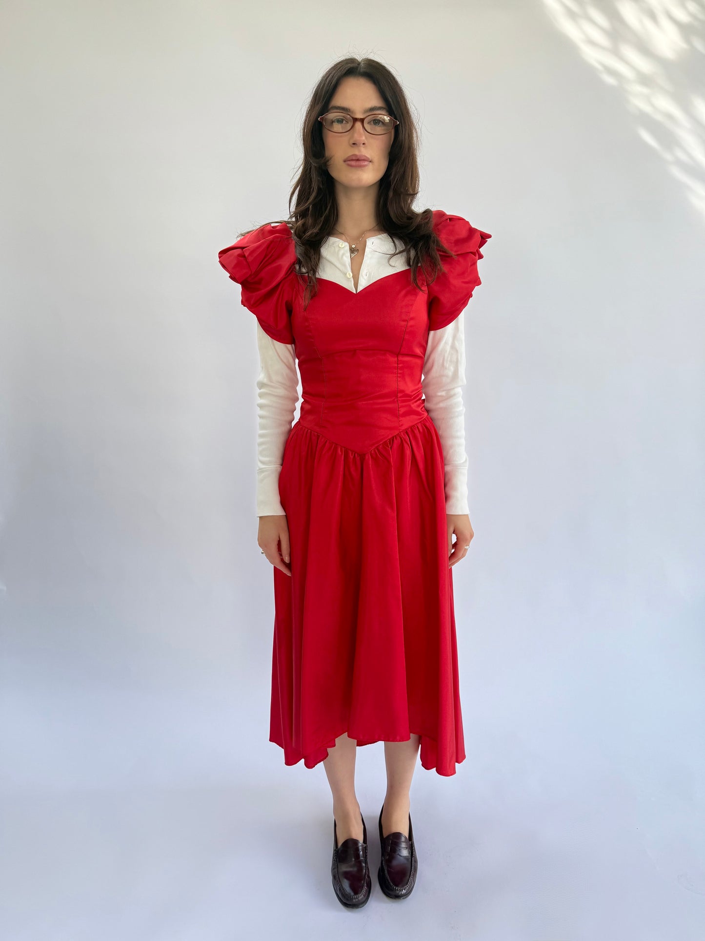 1980s Red Taffeta Sweetheart Dress with Lace Trimmed Heart Bow Bustle