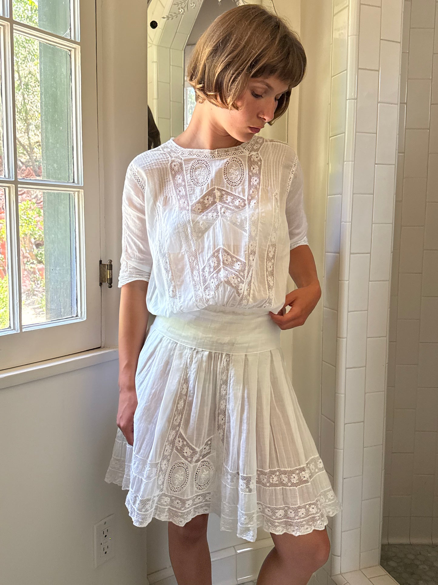 Edwardian Cotton Lace Inlay Drop Waist Mini Dress