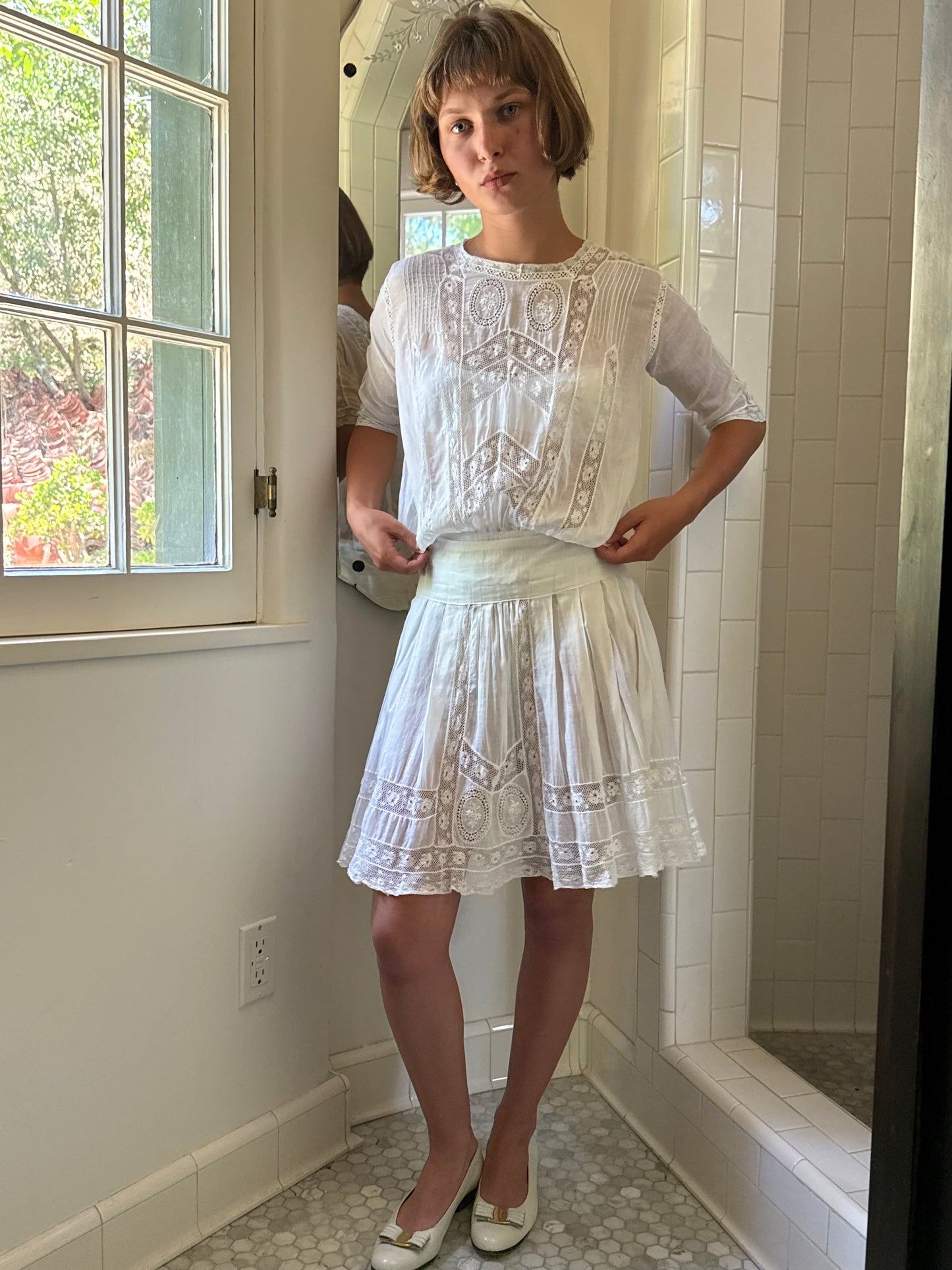 Edwardian Cotton Lace Inlay Drop Waist Mini Dress