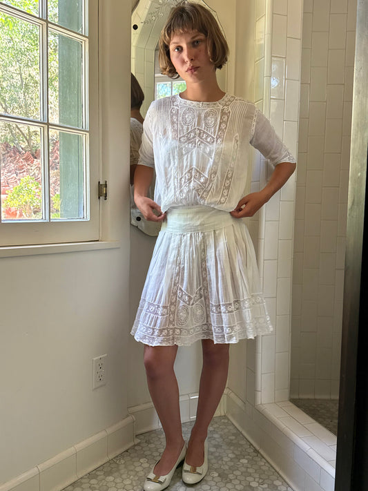 Edwardian Cotton Lace Inlay Drop Waist Mini Dress