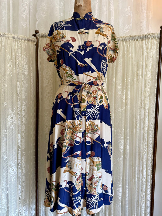 1940s Penelope's Honolulu Japanese Crane Rayon Dress