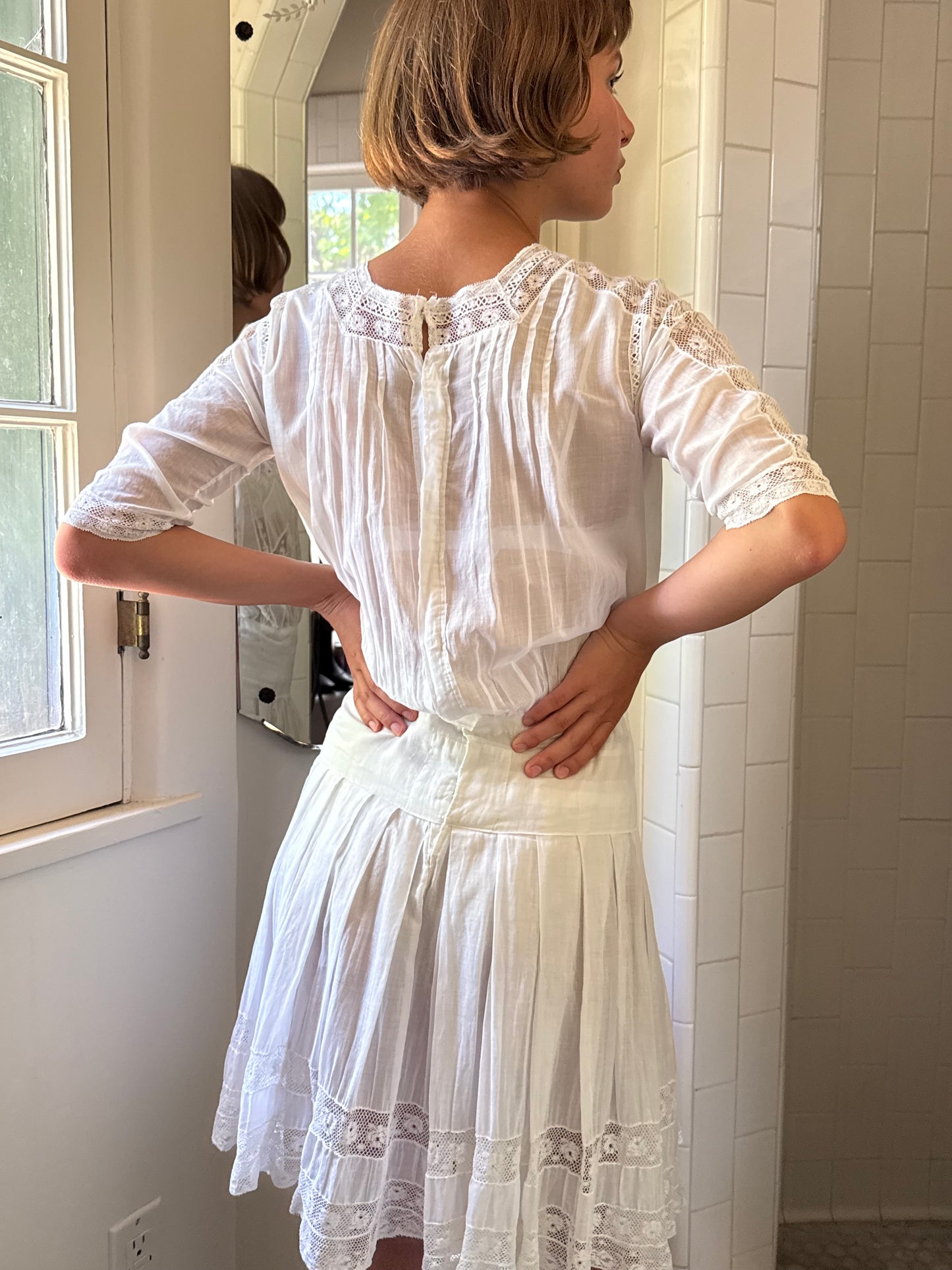 Edwardian Cotton Lace Inlay Drop Waist Mini Dress