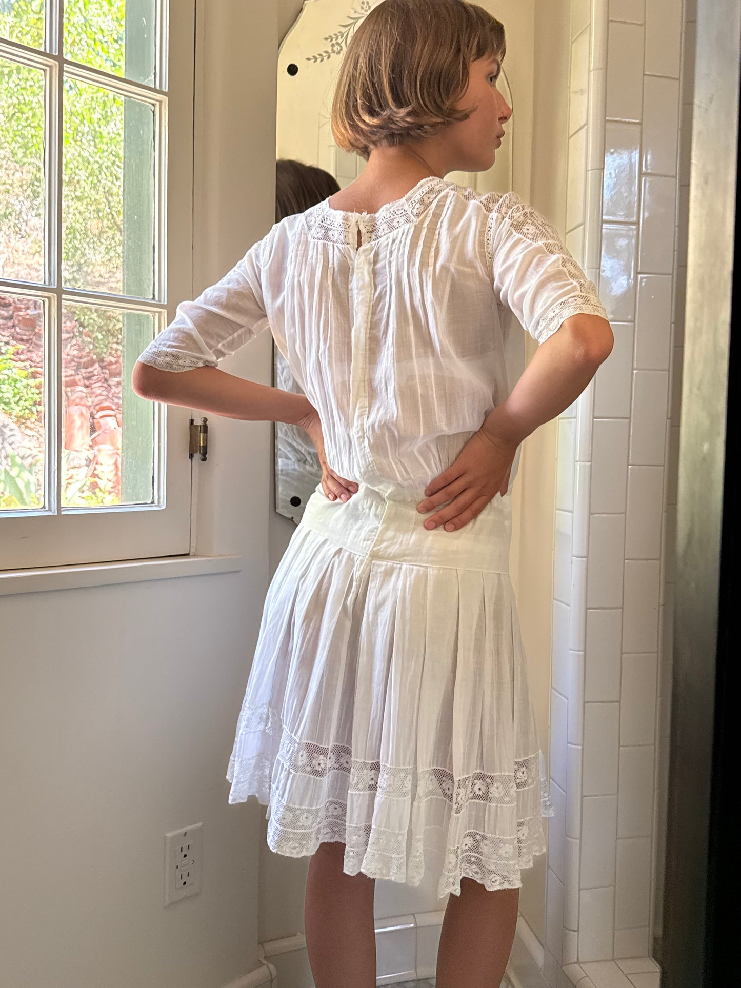 Edwardian Cotton Lace Inlay Drop Waist Mini Dress