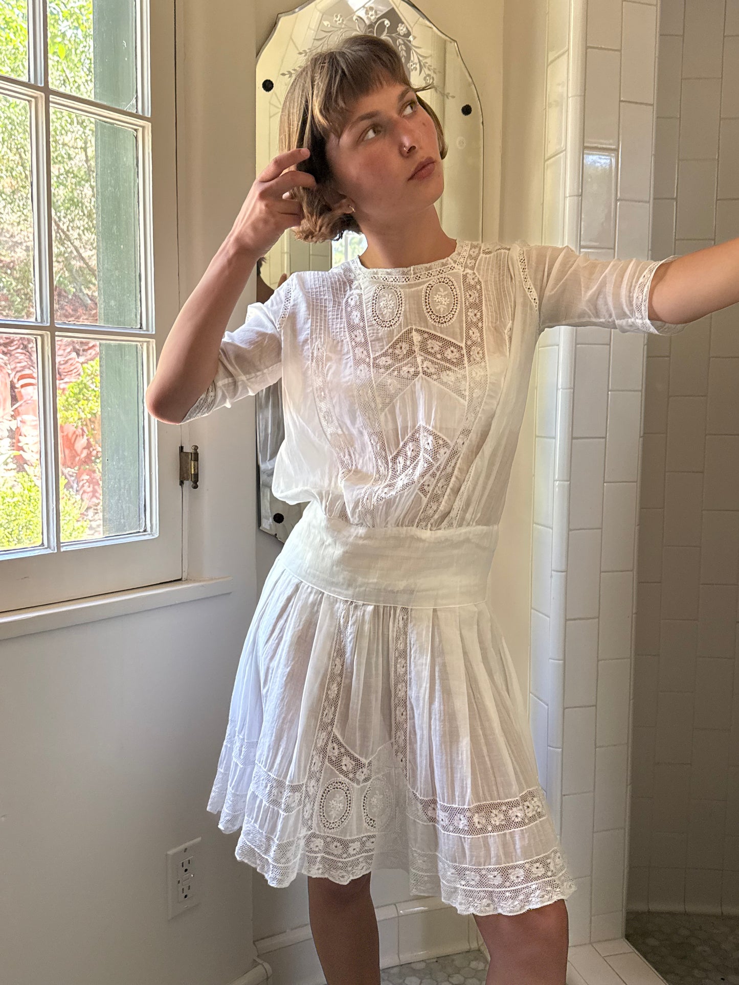 Edwardian Cotton Lace Inlay Drop Waist Mini Dress