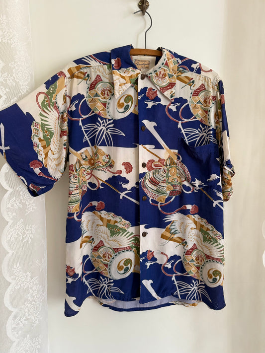 1940s Penelope's Honolulu Japanese Crane Rayon Tiki Shirt