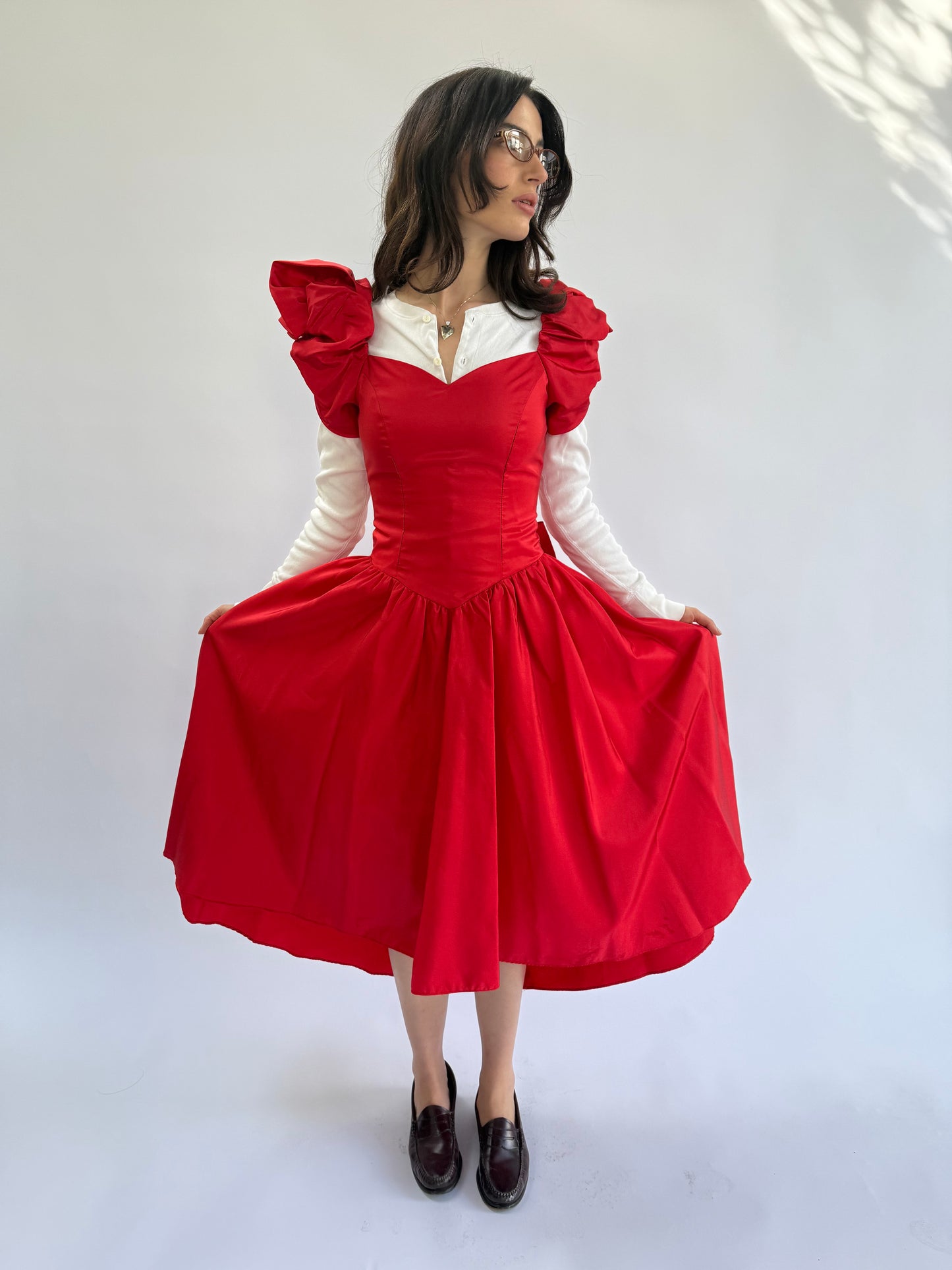 1980s Red Taffeta Sweetheart Dress with Lace Trimmed Heart Bow Bustle