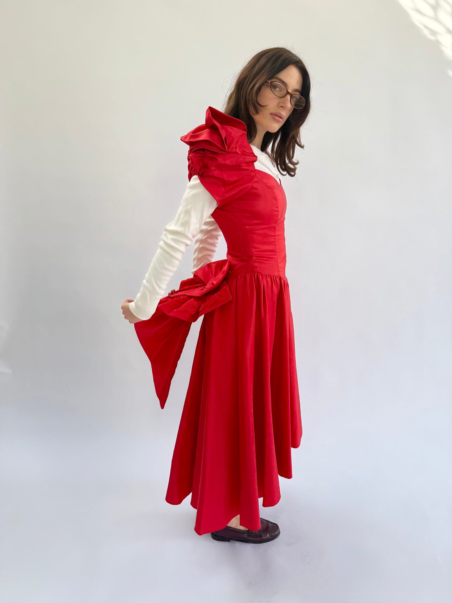 1980s Red Taffeta Sweetheart Dress with Lace Trimmed Heart Bow Bustle