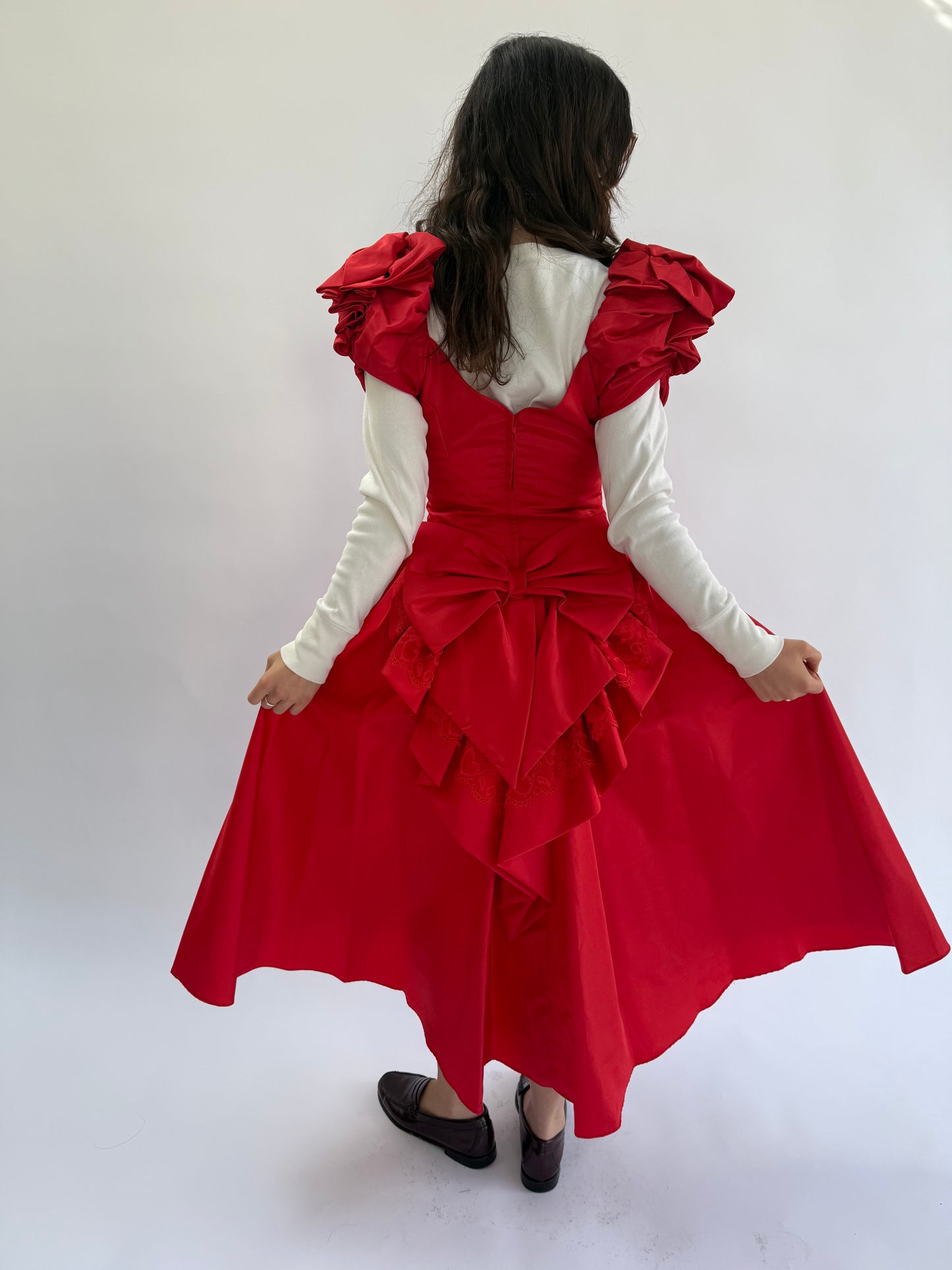 1980s Red Taffeta Sweetheart Dress with Lace Trimmed Heart Bow Bustle