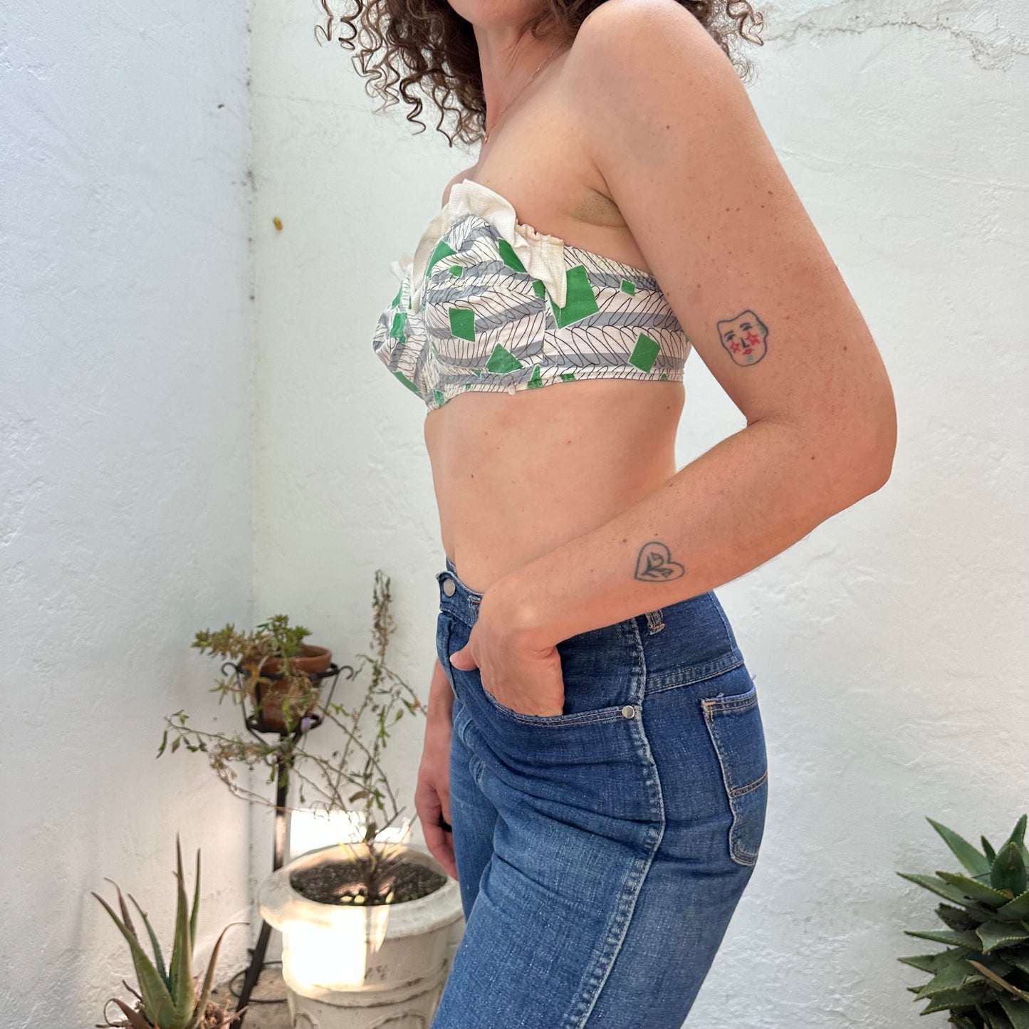 1950s Atomic Printed Cotton Bra Swim Top with Boning and Ruffle