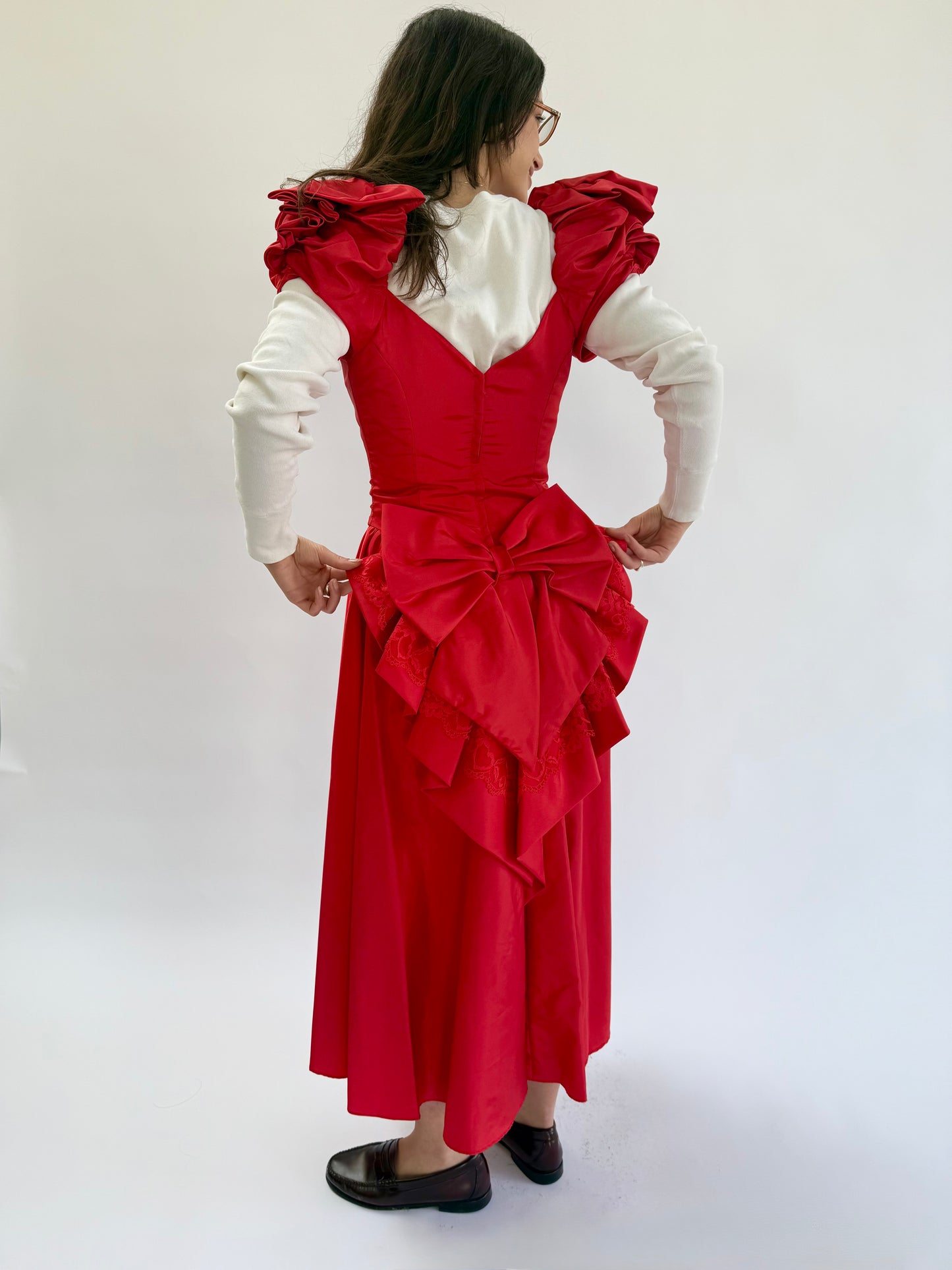 1980s Red Taffeta Sweetheart Dress with Lace Trimmed Heart Bow Bustle