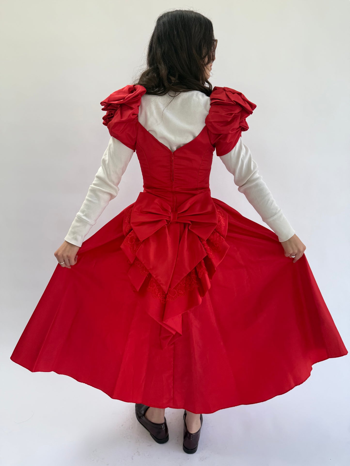 1980s Red Taffeta Sweetheart Dress with Lace Trimmed Heart Bow Bustle
