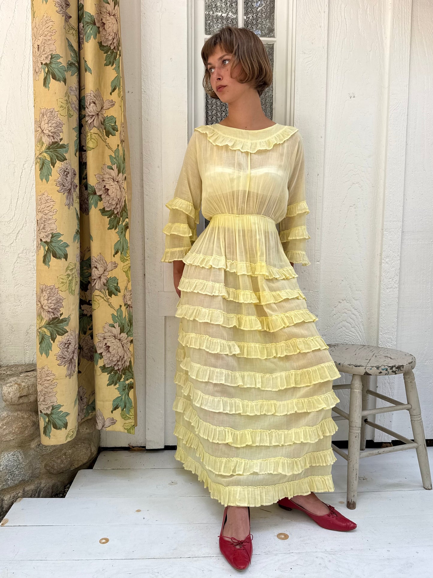 1940s Yellow Cotton Tiered Ruffle Gown