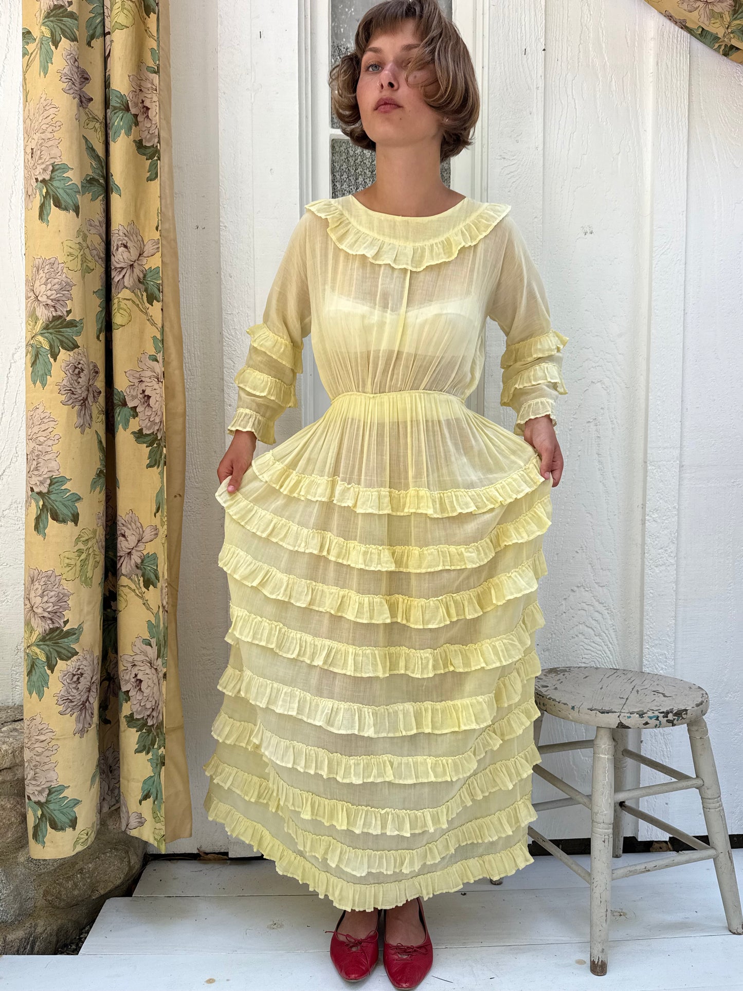 1940s Yellow Cotton Tiered Ruffle Gown