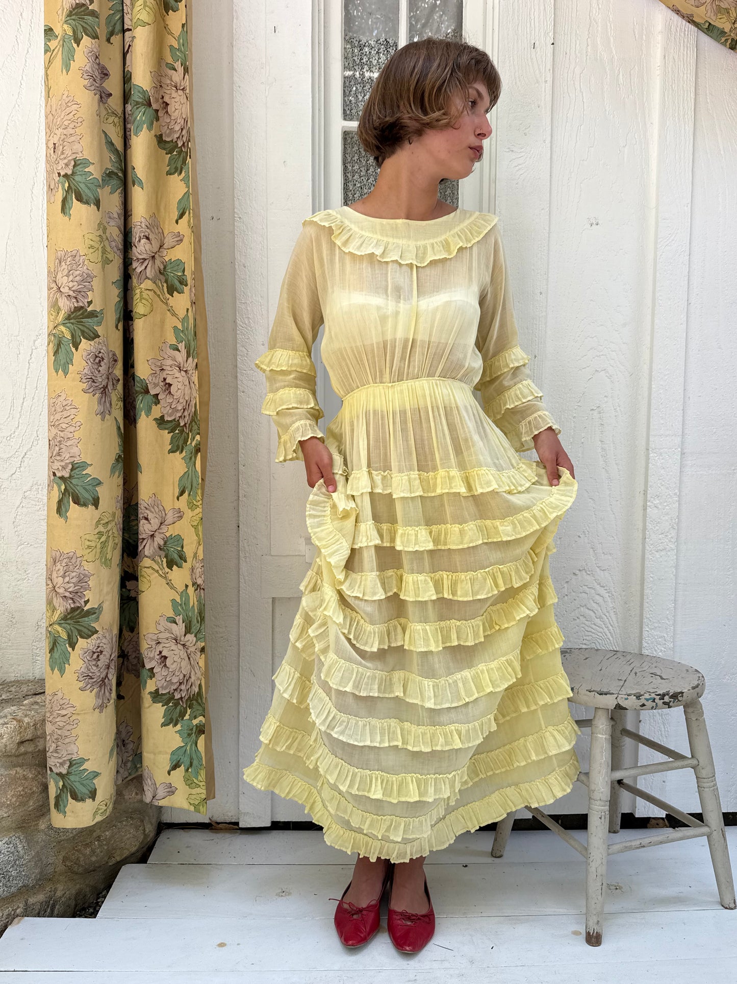 1940s Yellow Cotton Tiered Ruffle Gown
