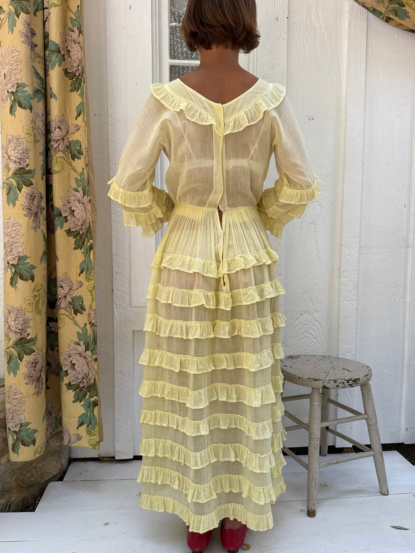 1940s Yellow Cotton Tiered Ruffle Gown