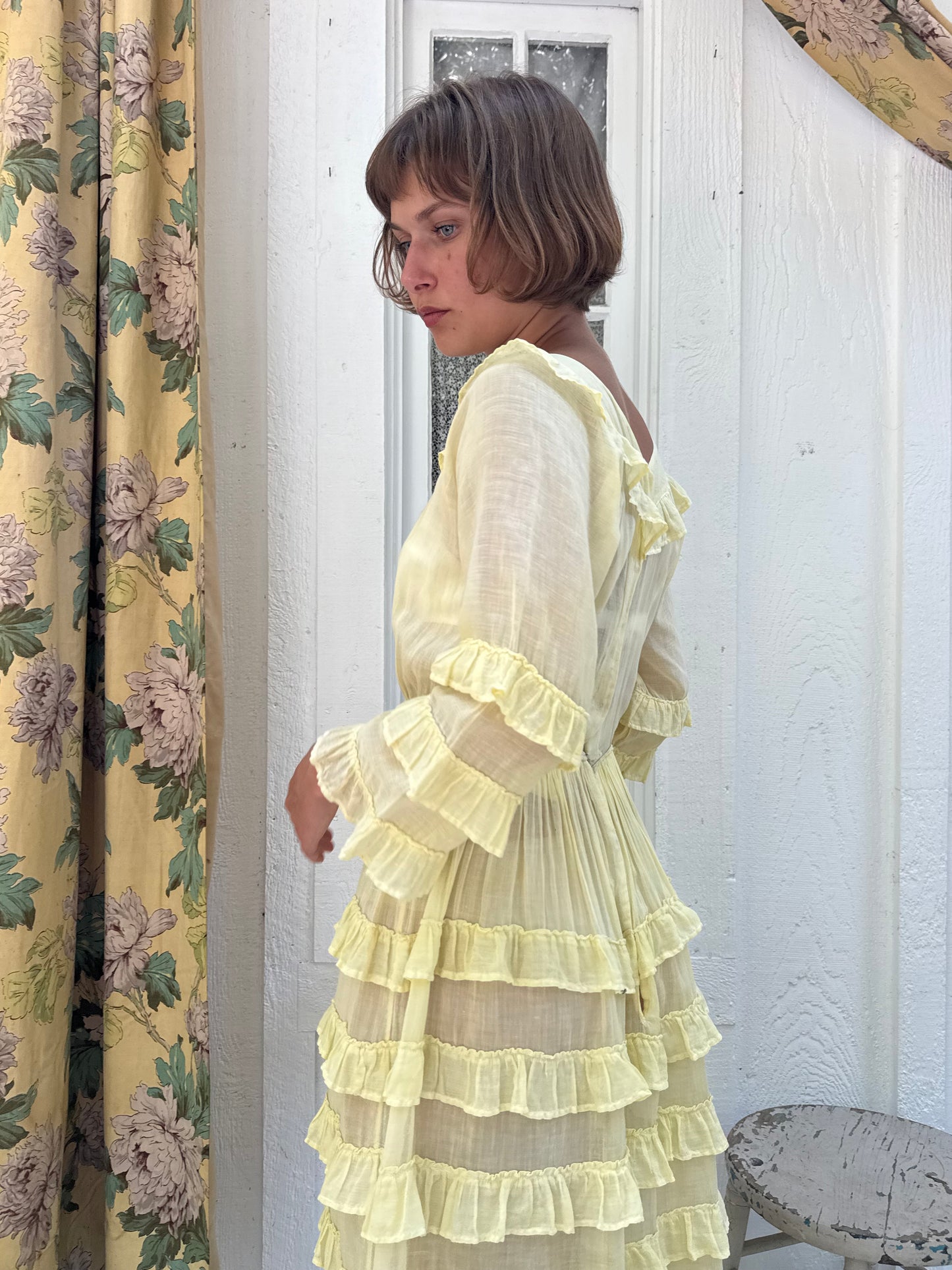 1940s Yellow Cotton Tiered Ruffle Gown