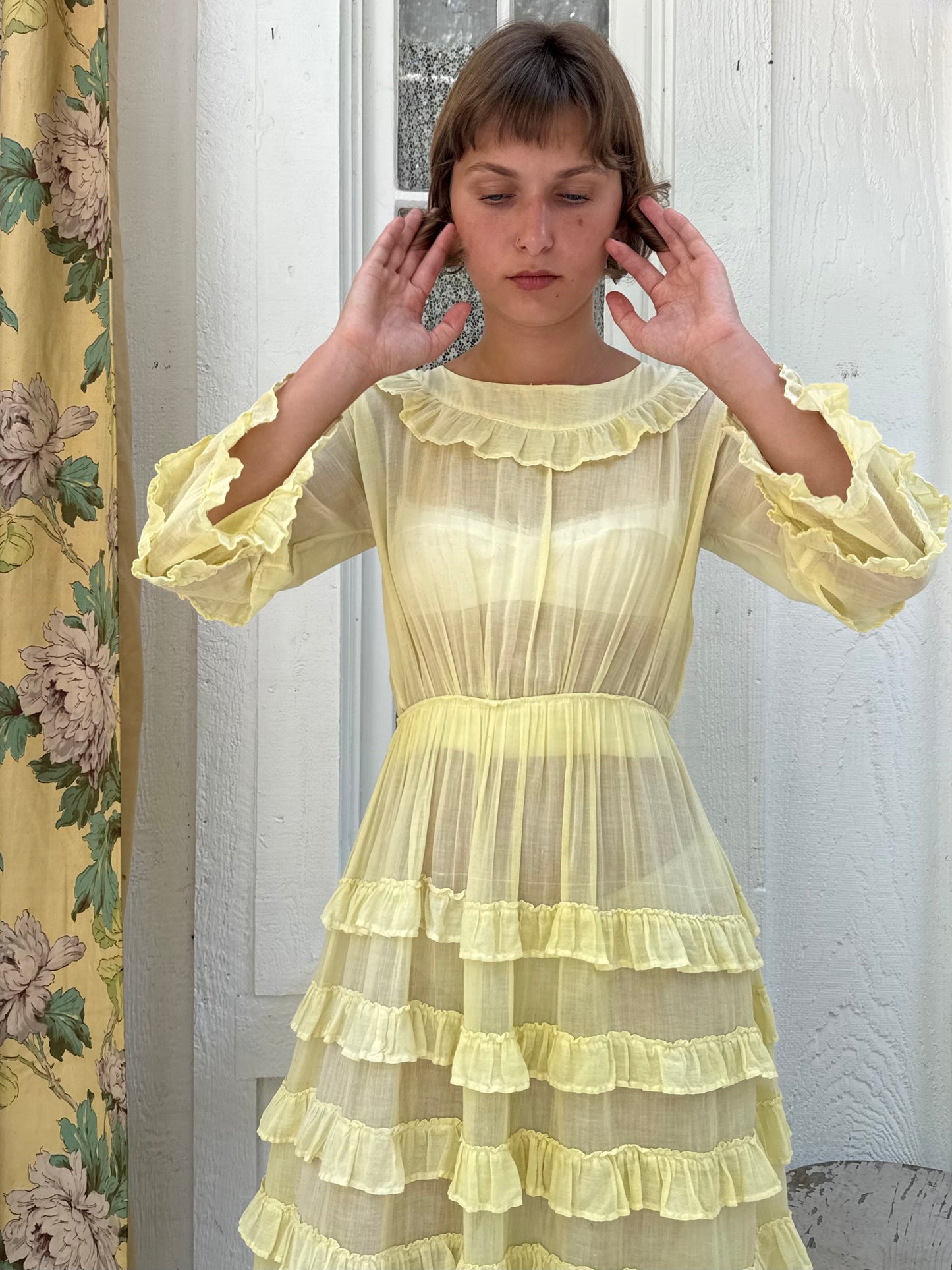 1940s Yellow Cotton Tiered Ruffle Gown